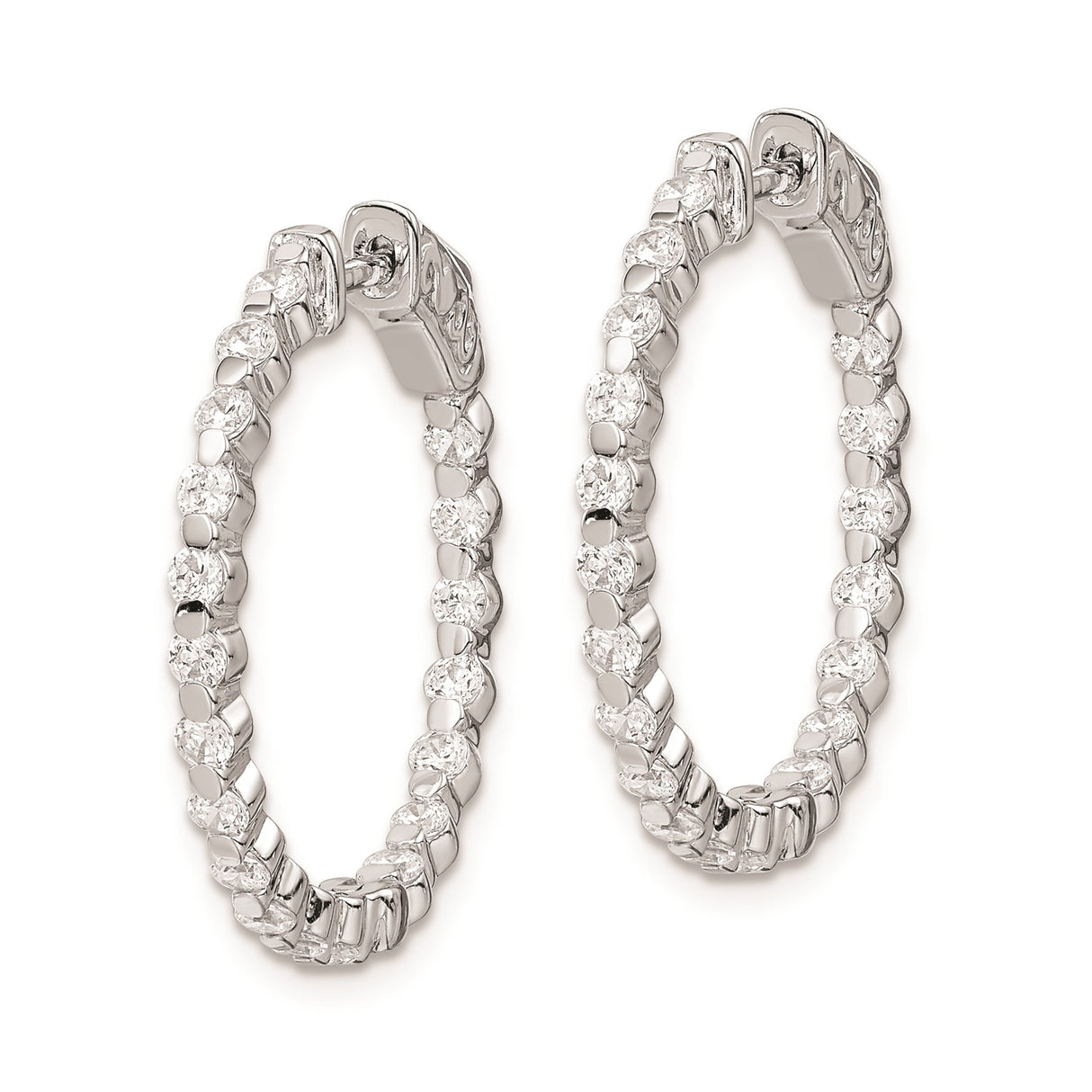 Sterling Silver Hoop Earrings with Cubic Zirconia, Scroll Heart Detail, Hinge Clasp