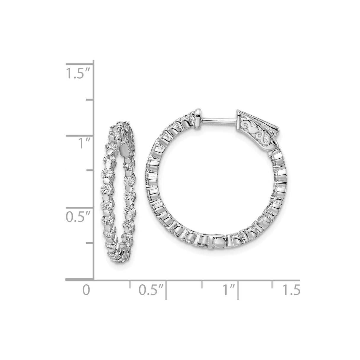 Sterling Silver Hoop Earrings with Cubic Zirconia, Scroll Heart Detail, Hinge Clasp