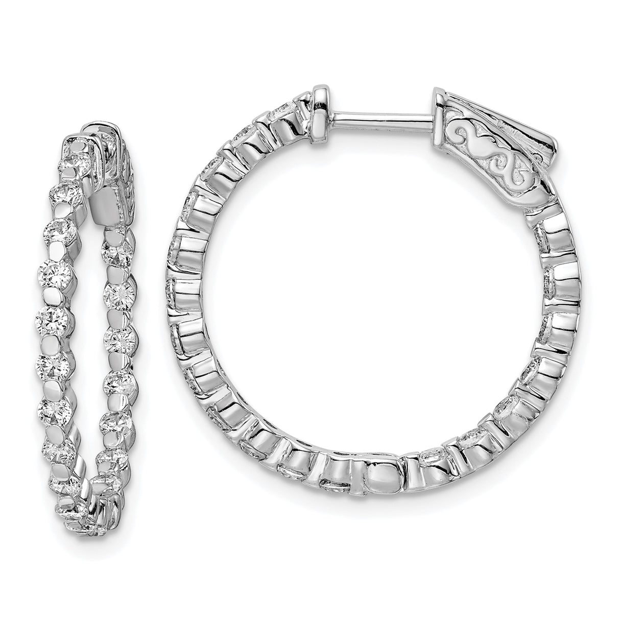 Sterling Silver Hoop Earrings with Cubic Zirconia, Scroll Heart Detail, Hinge Clasp