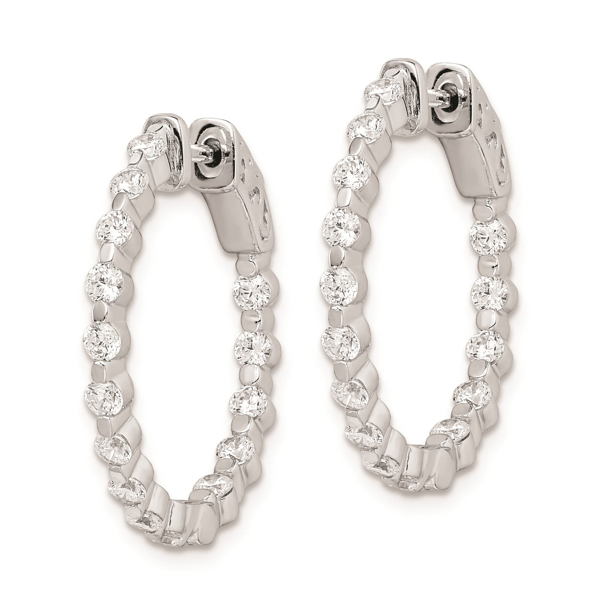 Sterling Silver Hoop Earrings with Dual Row Cubic Zirconia, Inner Detailing, High Polish Finish