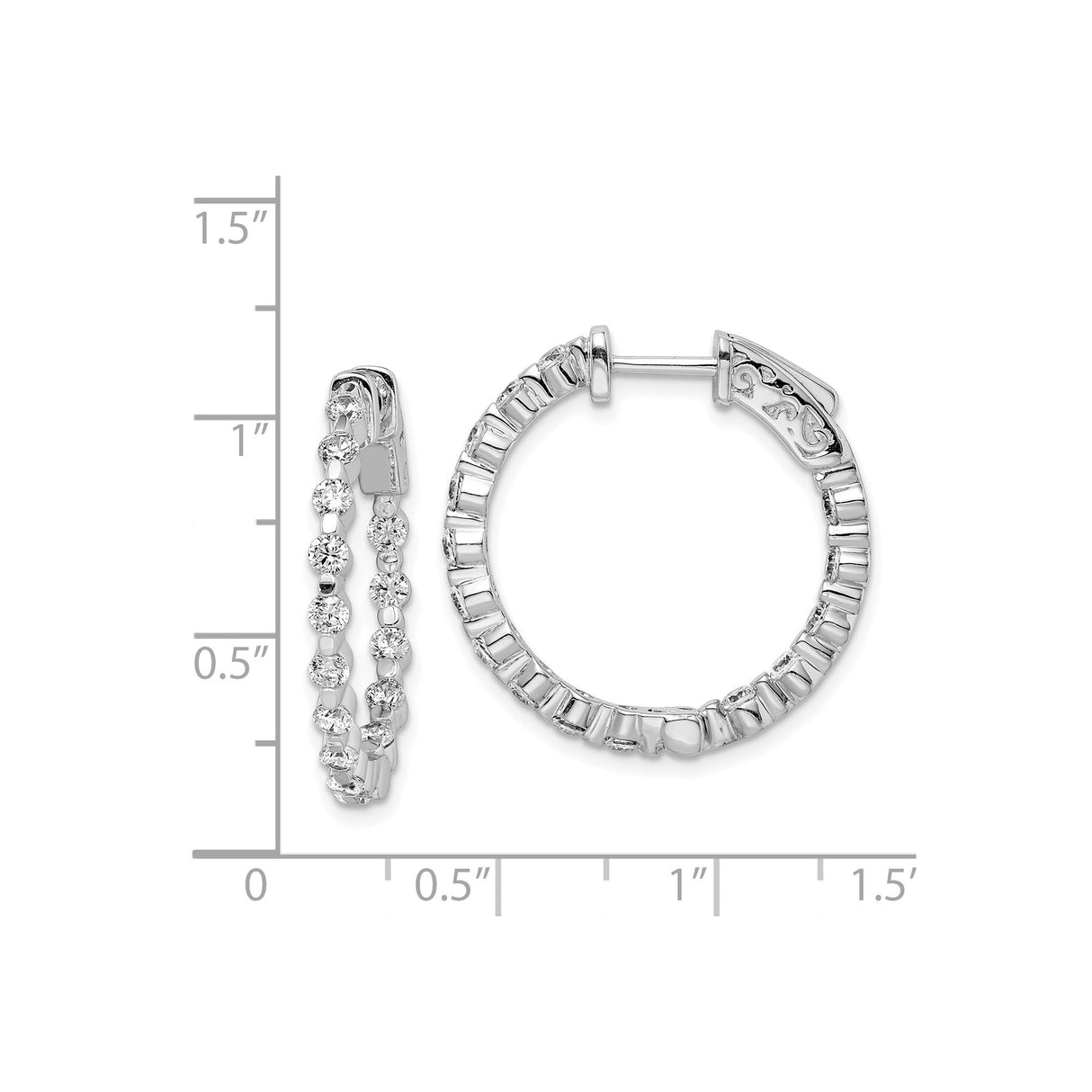 Sterling Silver Hoop Earrings with Dual Row Cubic Zirconia, Inner Detailing, High Polish Finish