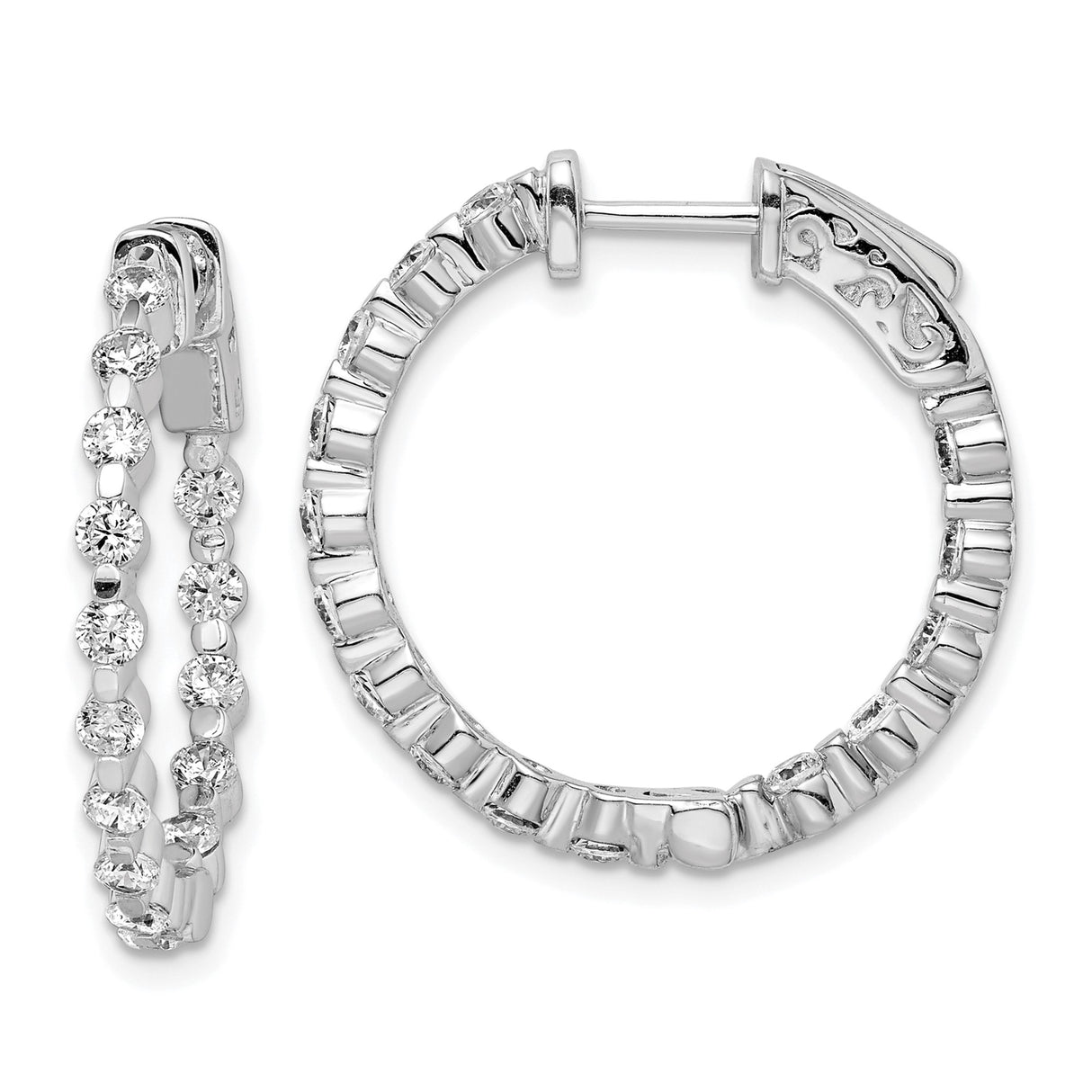 Sterling Silver Hoop Earrings with Dual Row Cubic Zirconia, Inner Detailing, High Polish Finish