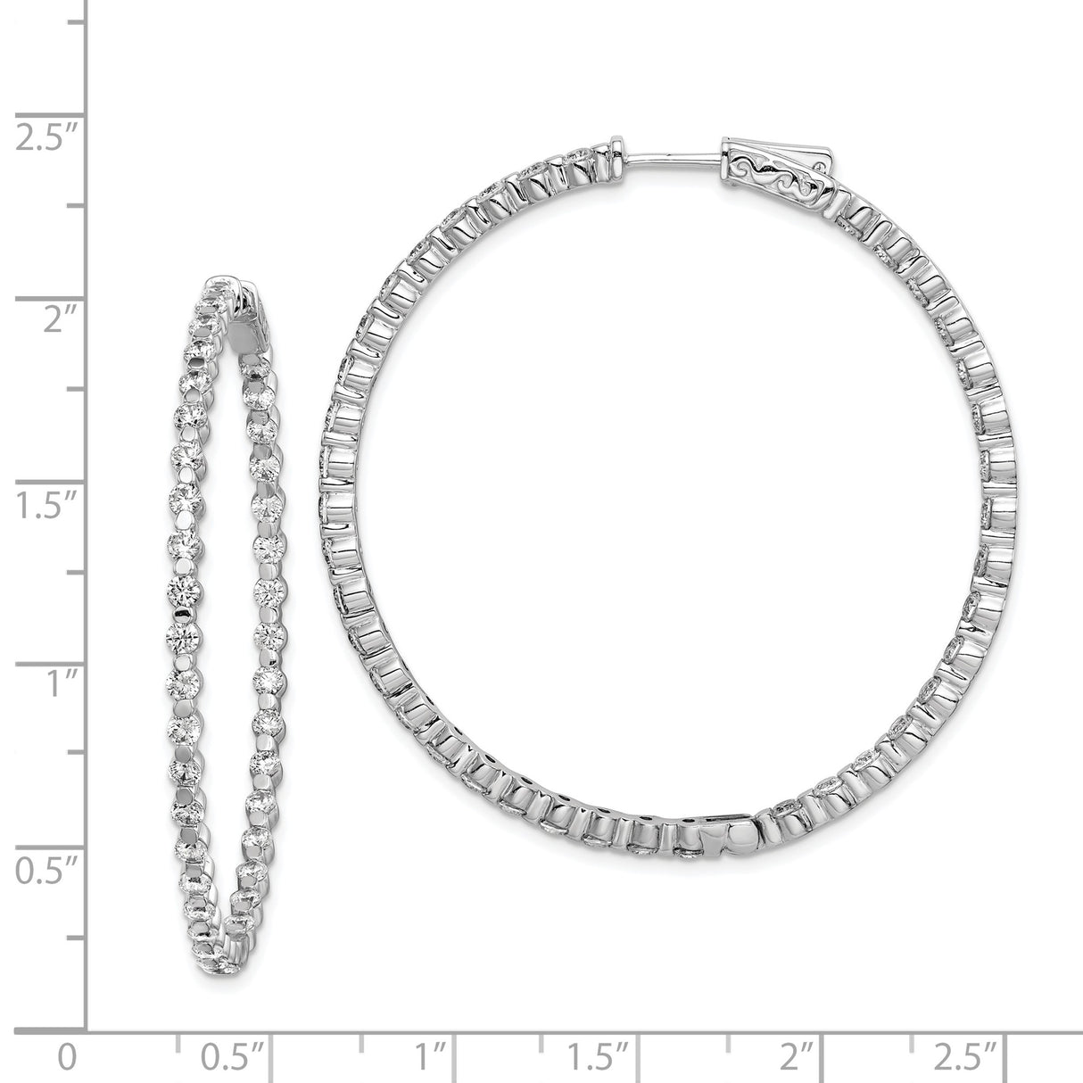 Sterling Silver Hoop Earrings with Round and Baguette Cubic Zirconia, In-Out Tennis Style