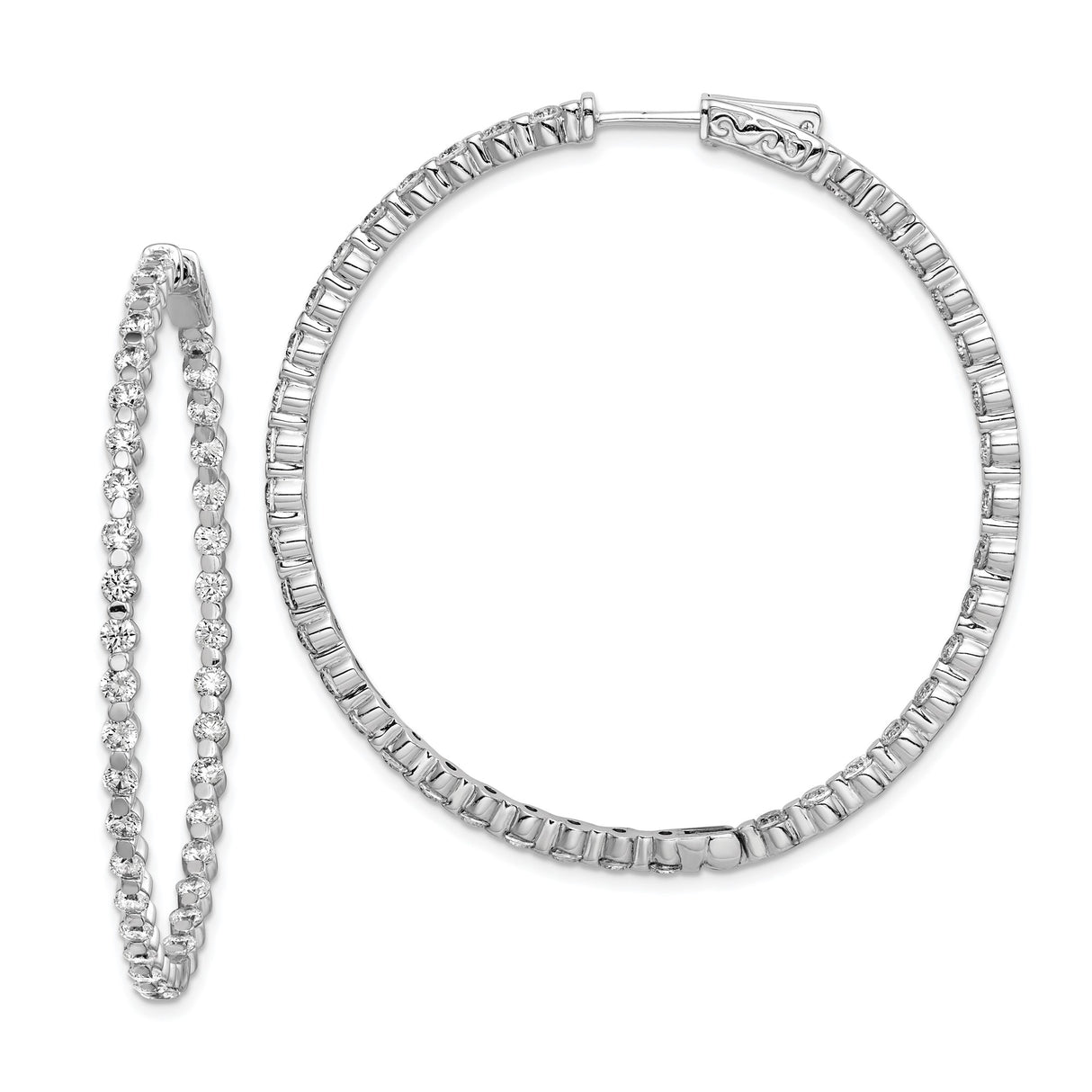 Sterling Silver Hoop Earrings with Round and Baguette Cubic Zirconia, In-Out Tennis Style
