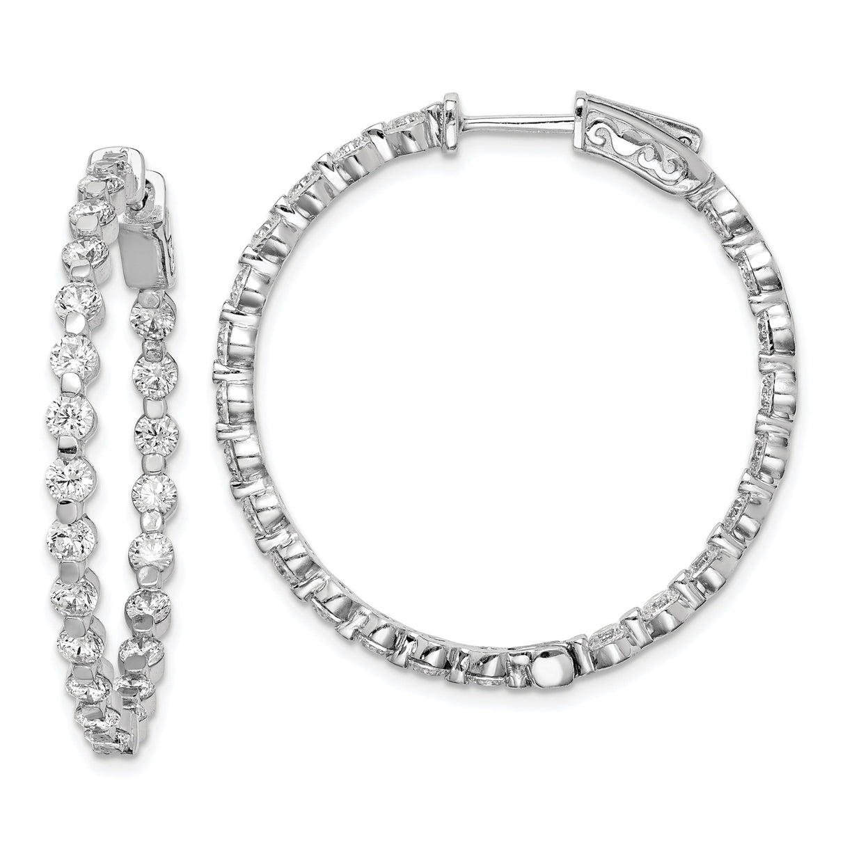 Sterling Silver Hoop Earrings with Round Cut Cubic Zirconia in Prong Setting