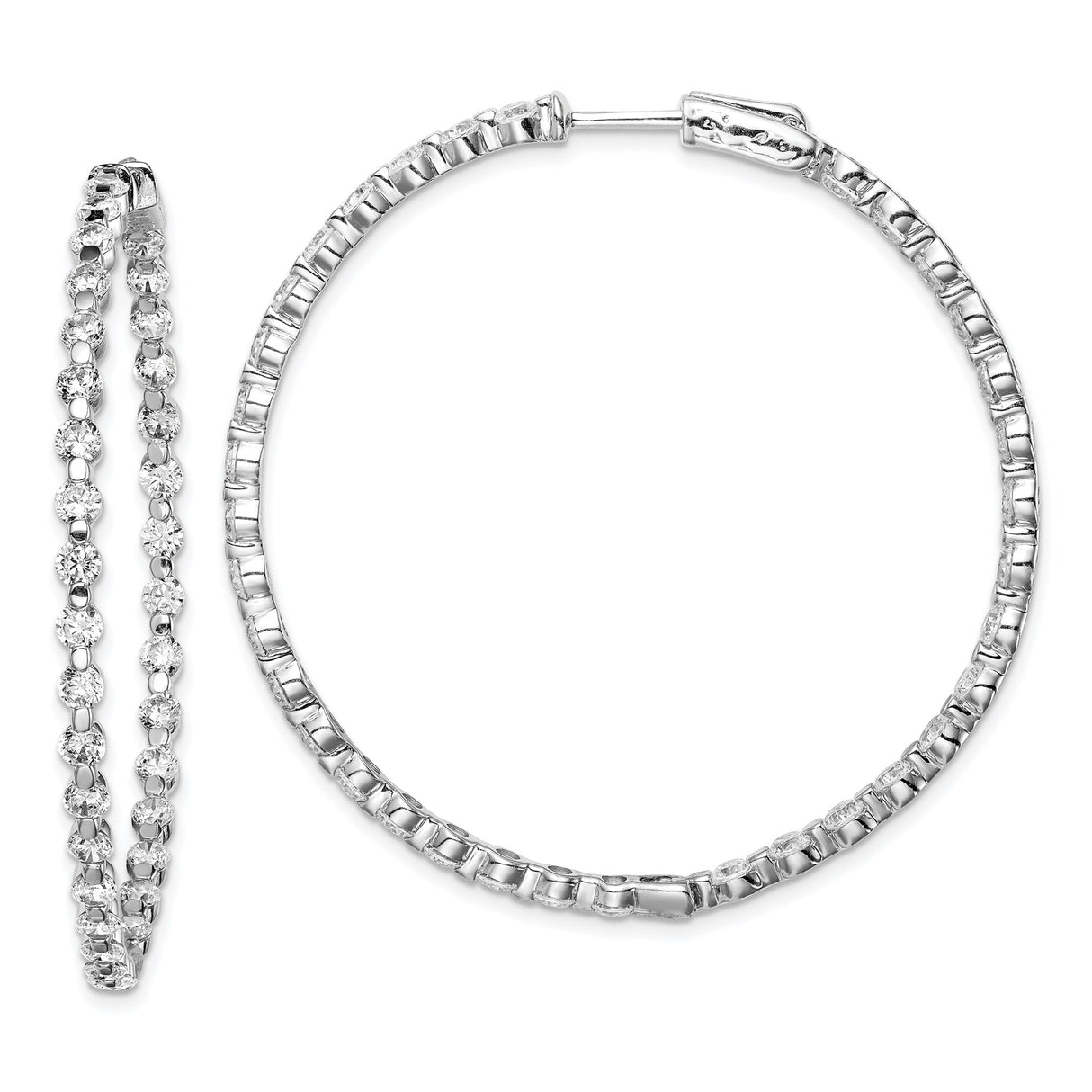 Sterling Silver Hoop Earrings with Prong Set Cubic Zirconia, Classic Round Hinged Design