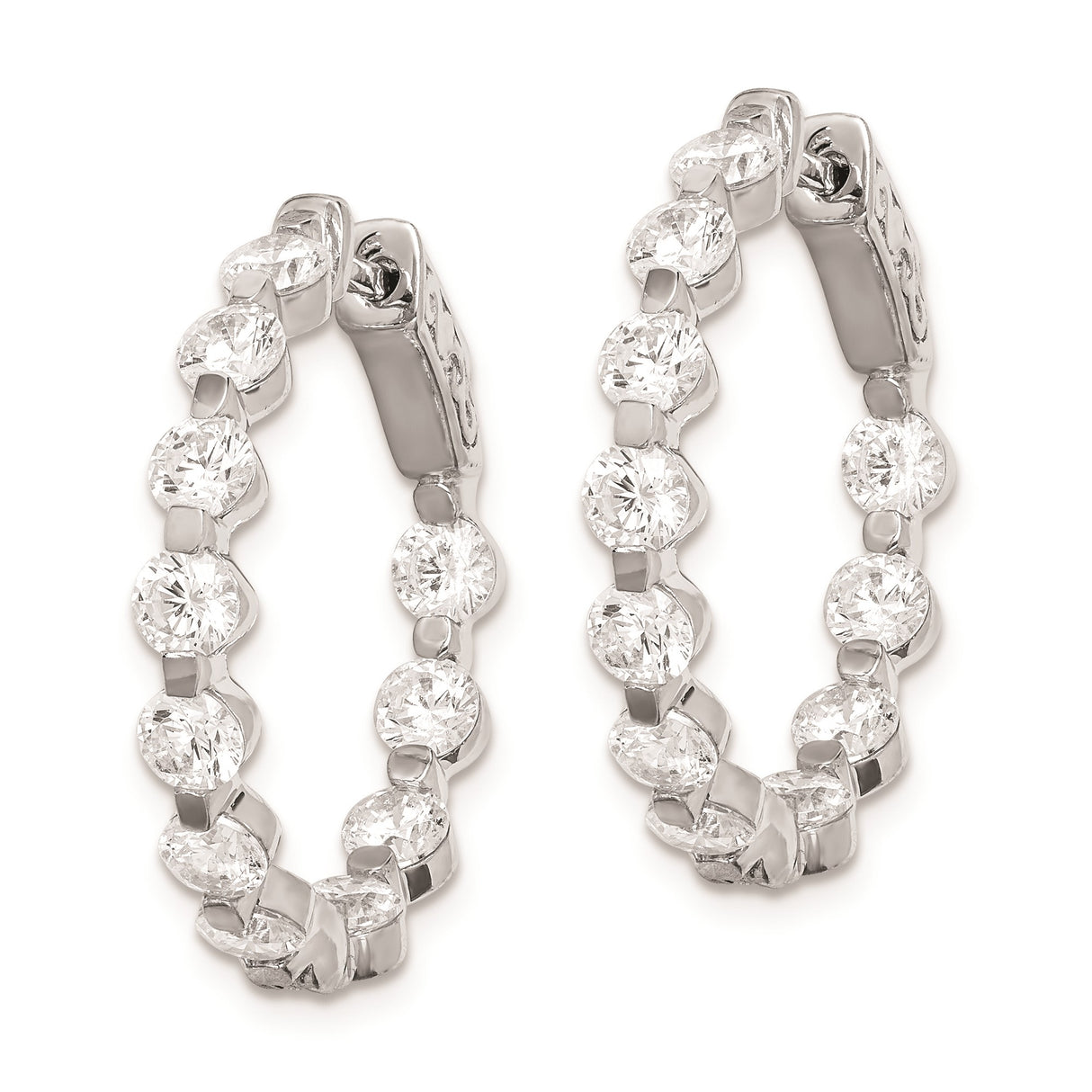 Sterling Silver Hoop Earrings with Cubic Zirconia, Double Row Prong Setting, High Shine Finish