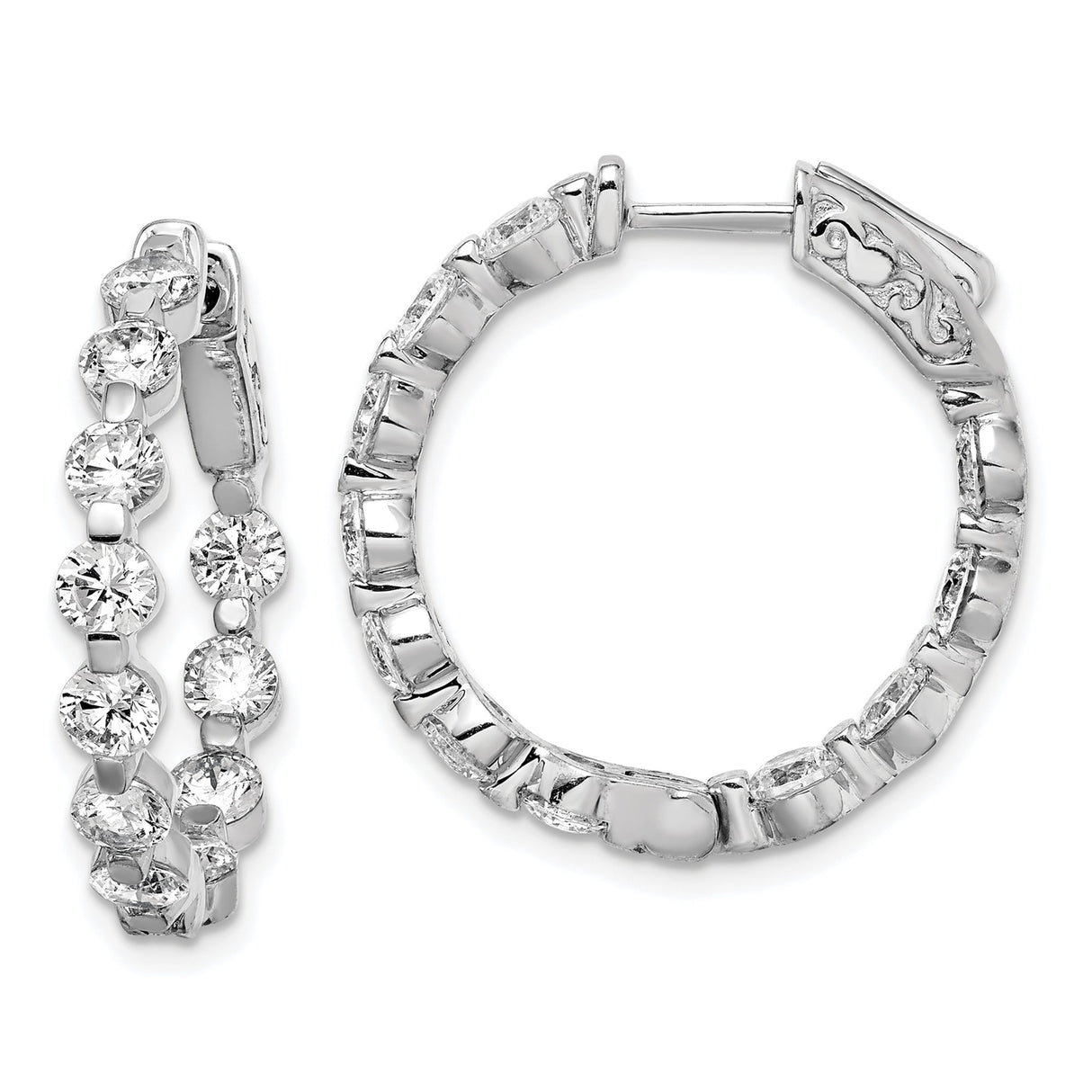 Sterling Silver Hoop Earrings with Cubic Zirconia, Double Row Prong Setting, High Shine Finish