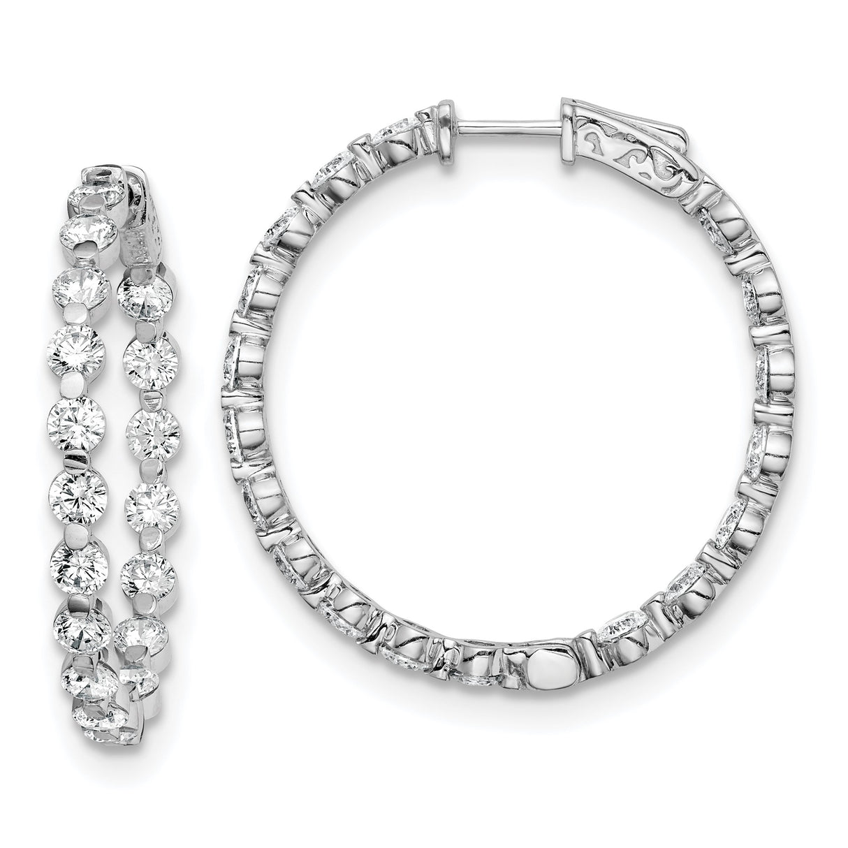 Sterling Silver Hoop Earrings with Cubic Zirconia, Full Circle Prong Set, Polished Lightweight Style