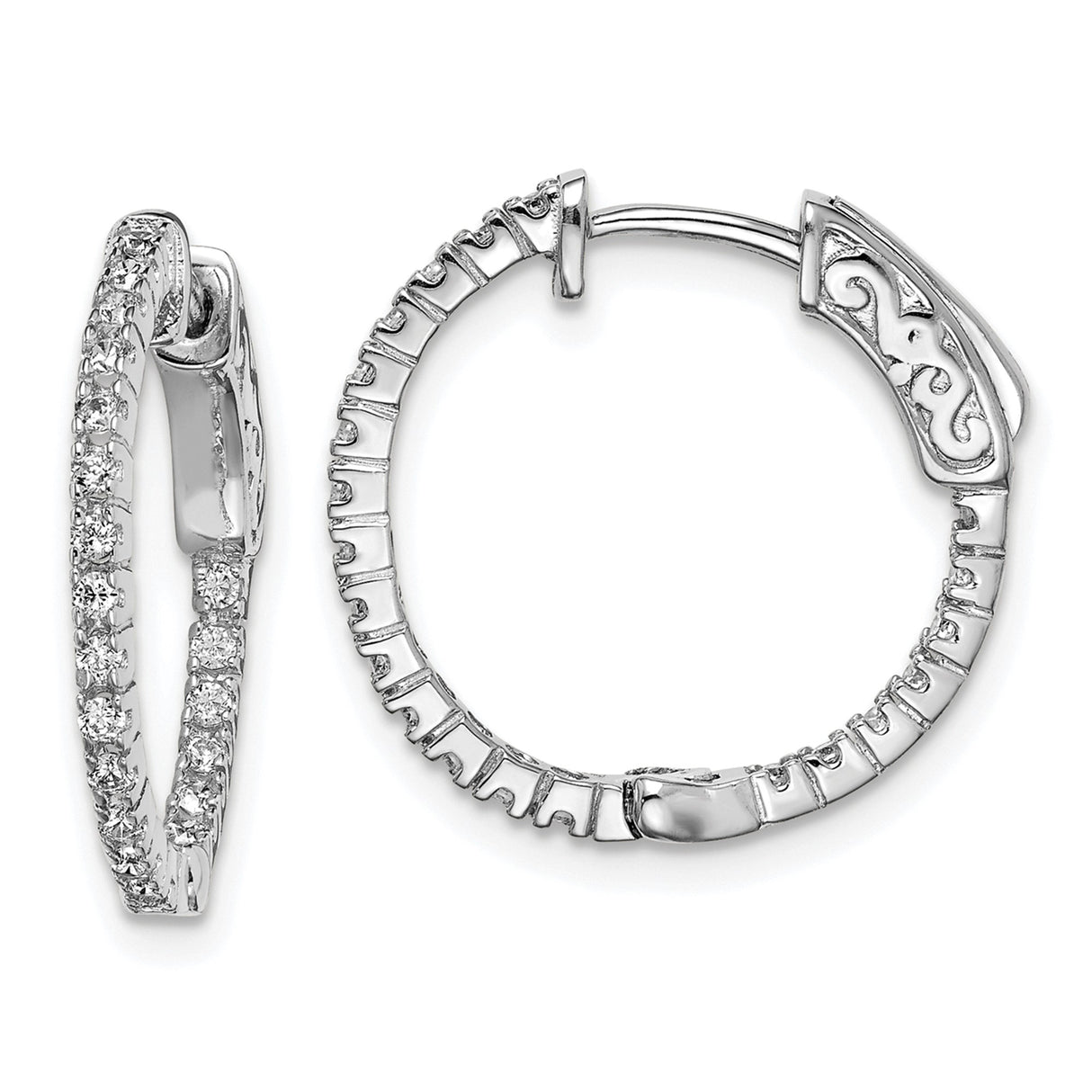 Sterling Silver Hoop Earrings with Cubic Zirconia Accents and Scroll Detail for Women