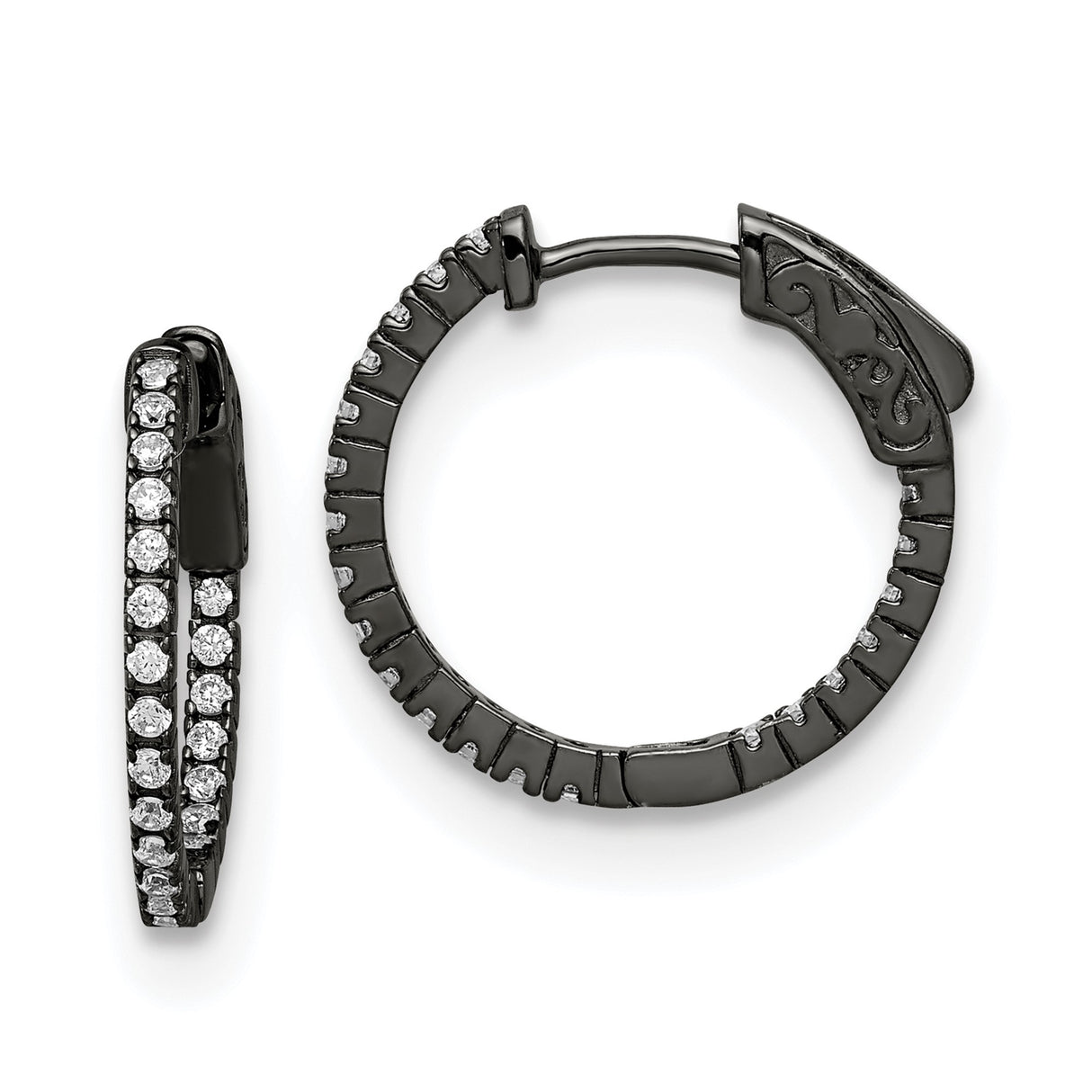 Sterling Silver Hoop Earrings with Cubic Zirconia, Black Plating, Modern Contrast Design