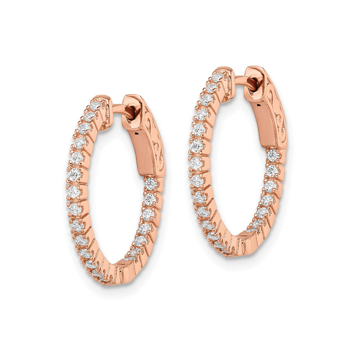 Sterling Silver Hoop Earrings with Cubic Zirconia, Rose Gold Plated, Scrollwork Design