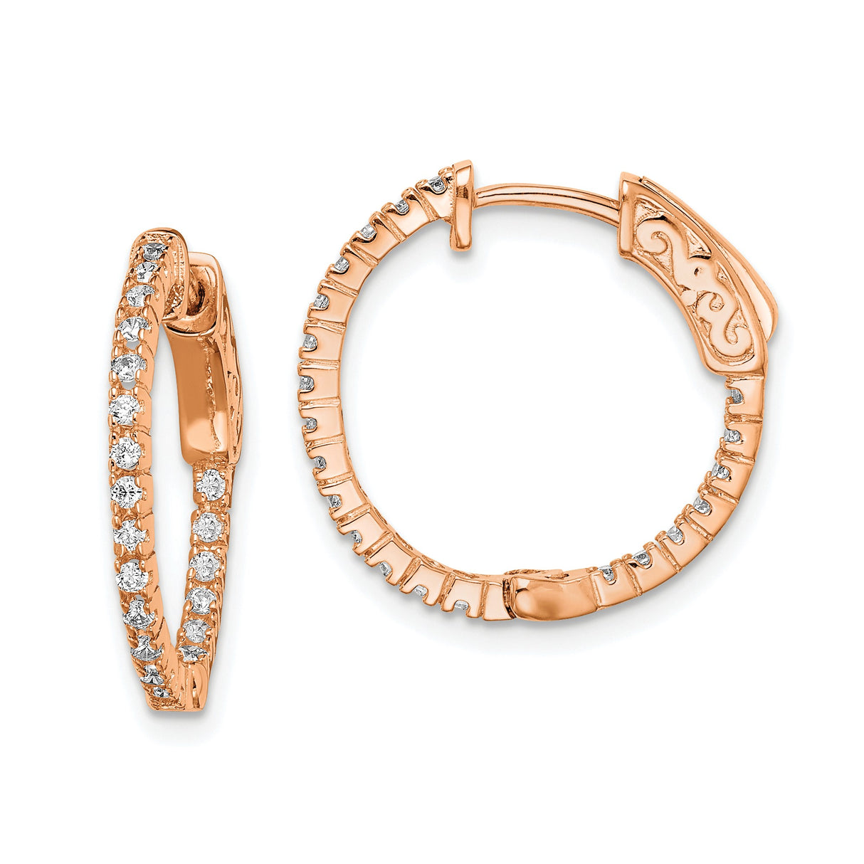 Sterling Silver Hoop Earrings with Cubic Zirconia, Rose Gold Plated, Scrollwork Design