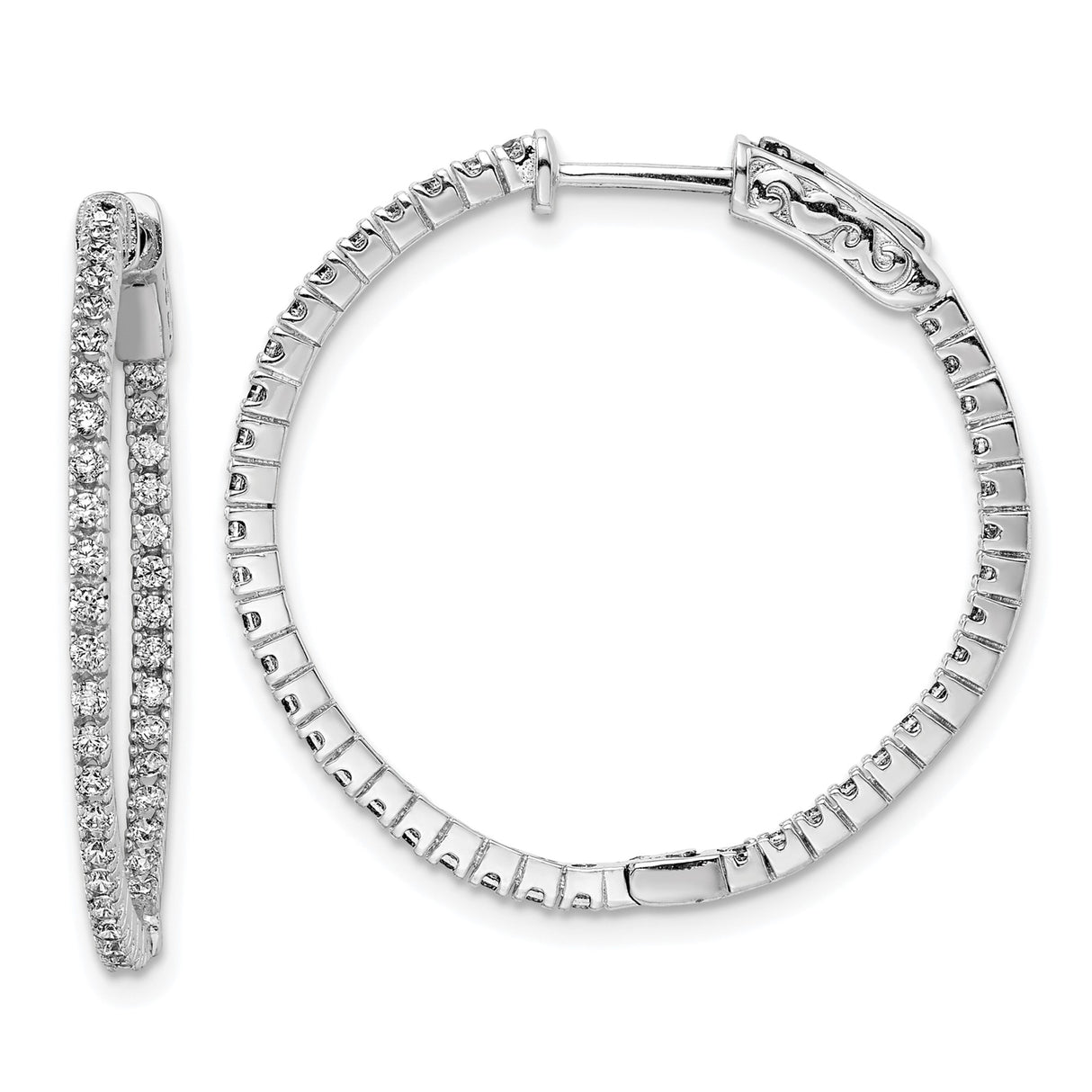 Sterling Silver Hoop Earrings with Cubic Zirconia, Double Row Channel Set, Latch Back Closure