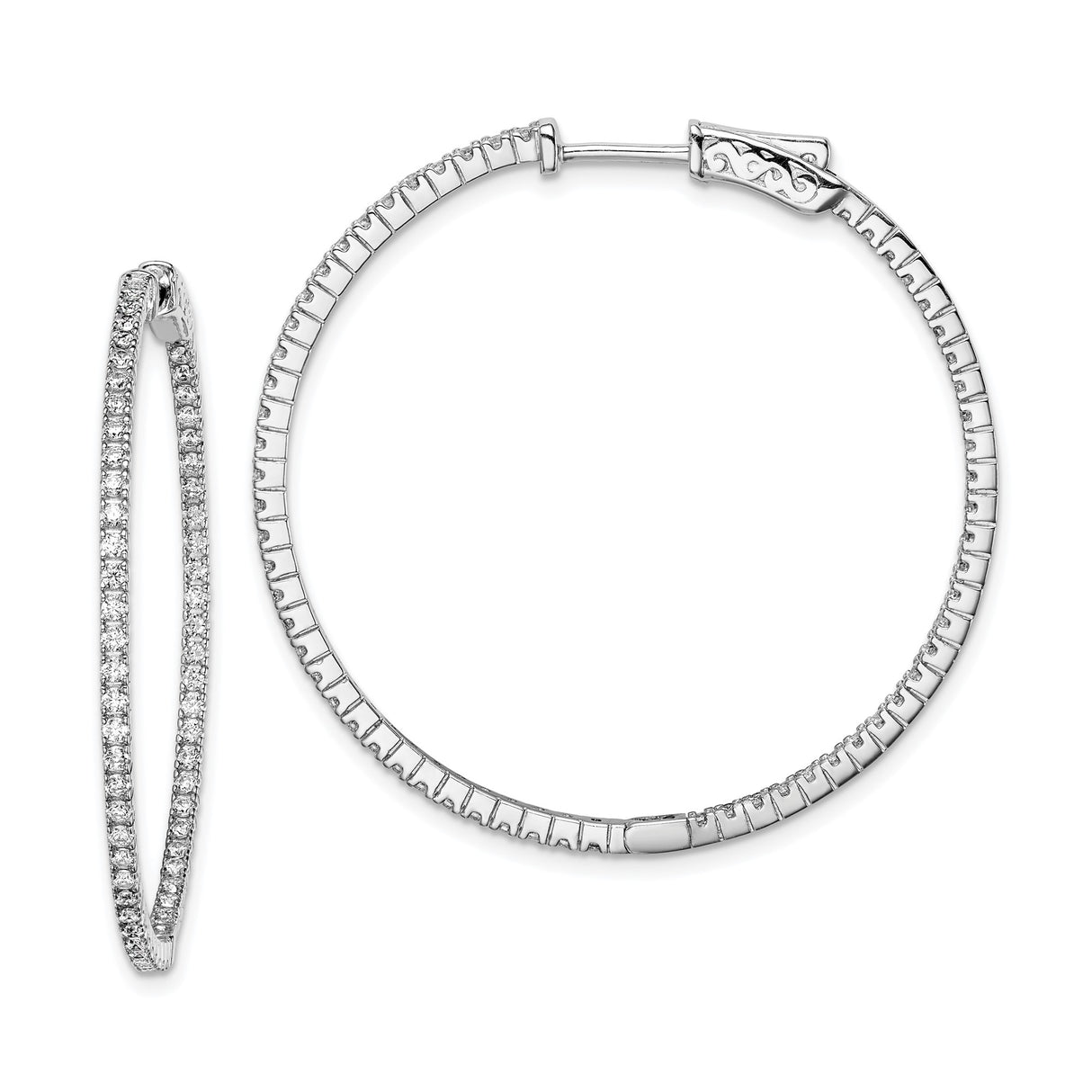 Sterling Silver Hoop Earrings with Pavé Cubic Zirconia and Scrollwork Detail