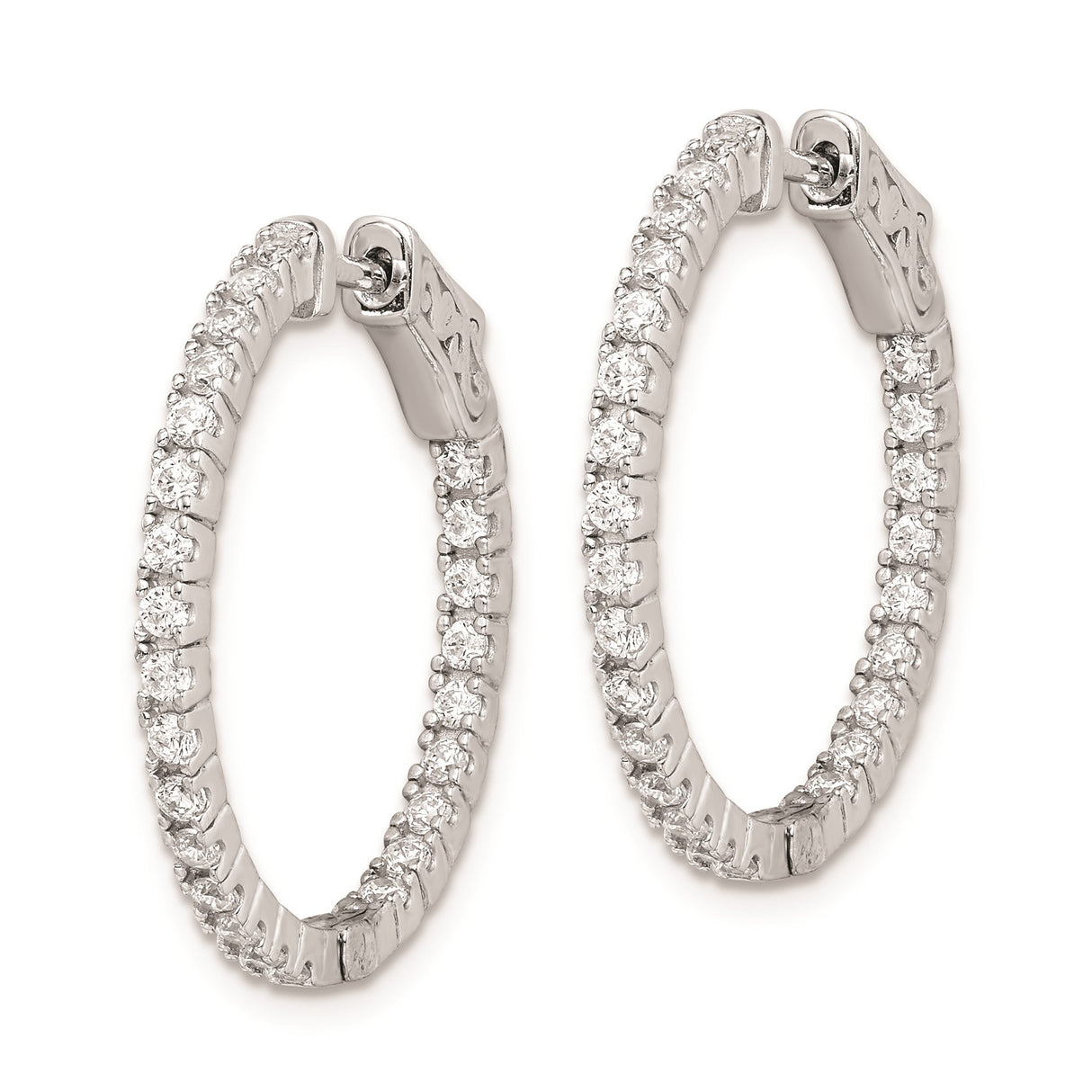 Sterling Silver Hoop Earrings with Double Row Cubic Zirconia, Polished Modern Design