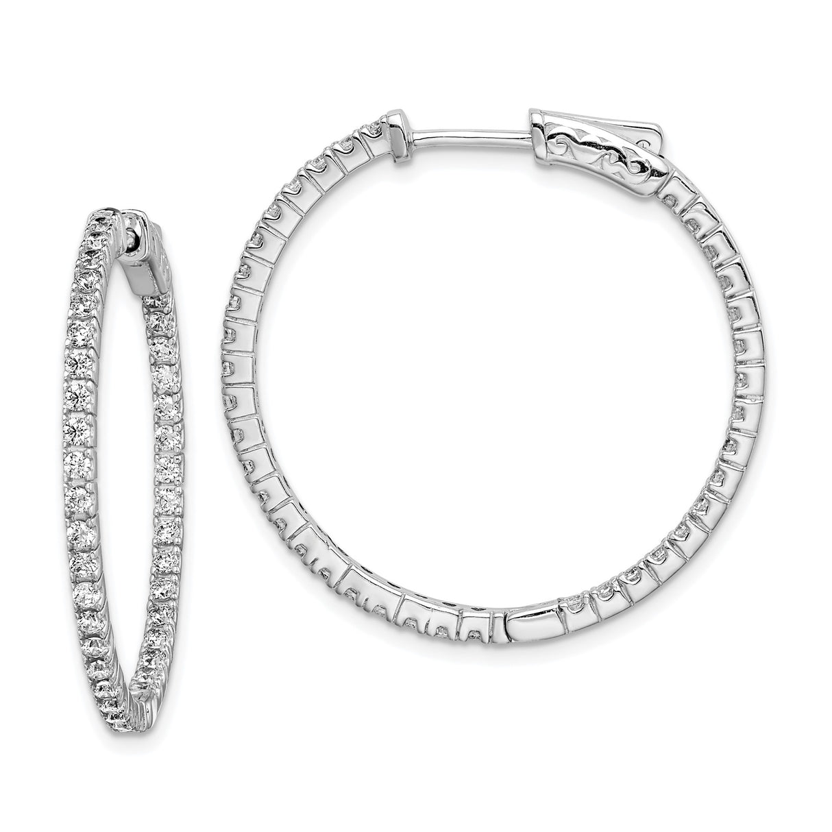 Sterling Silver Hoop Earrings with Clear Cubic Zirconia, Lightweight Hinged Classic Style
