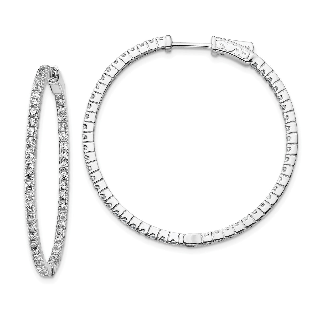 Sterling Silver Hoop Earrings with Cubic Zirconia, In-Out Round Design, 1 Inch