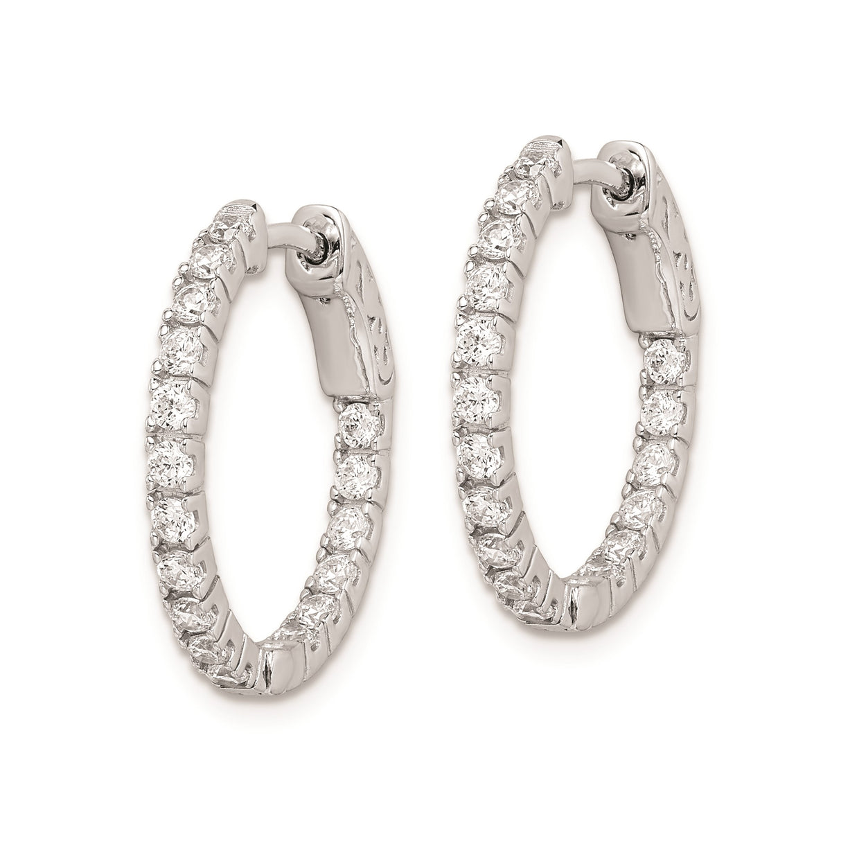 Sterling Silver Hoop Earrings with Cubic Zirconia Accents and Etched Back Design