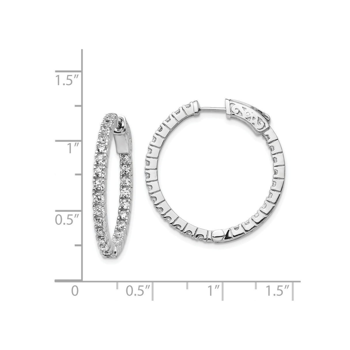 Sterling Silver Hoop Earrings with Cubic Zirconia, Scrollwork Hinged Clasp Design