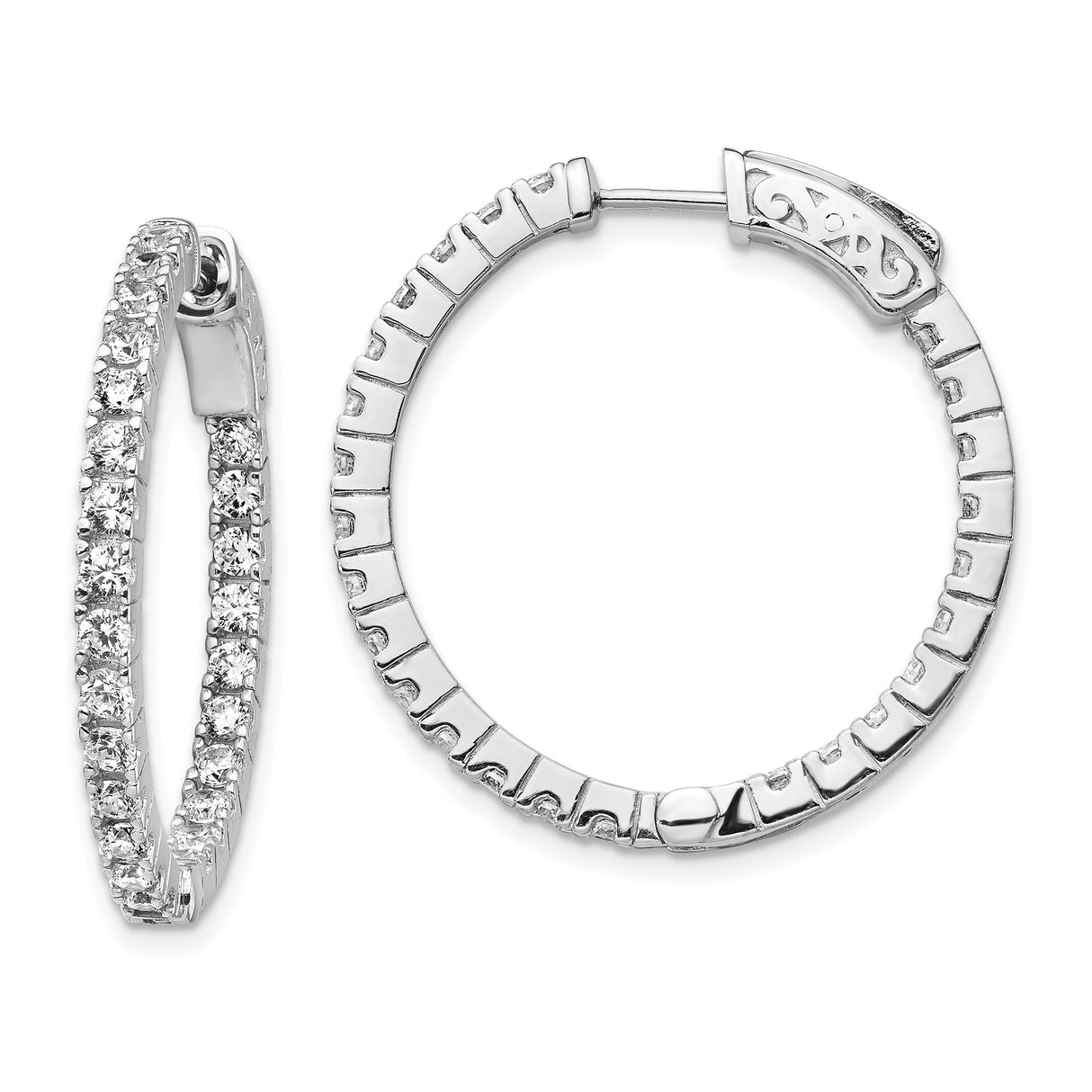 Sterling Silver Hoop Earrings with Cubic Zirconia, Scrollwork Hinged Clasp Design