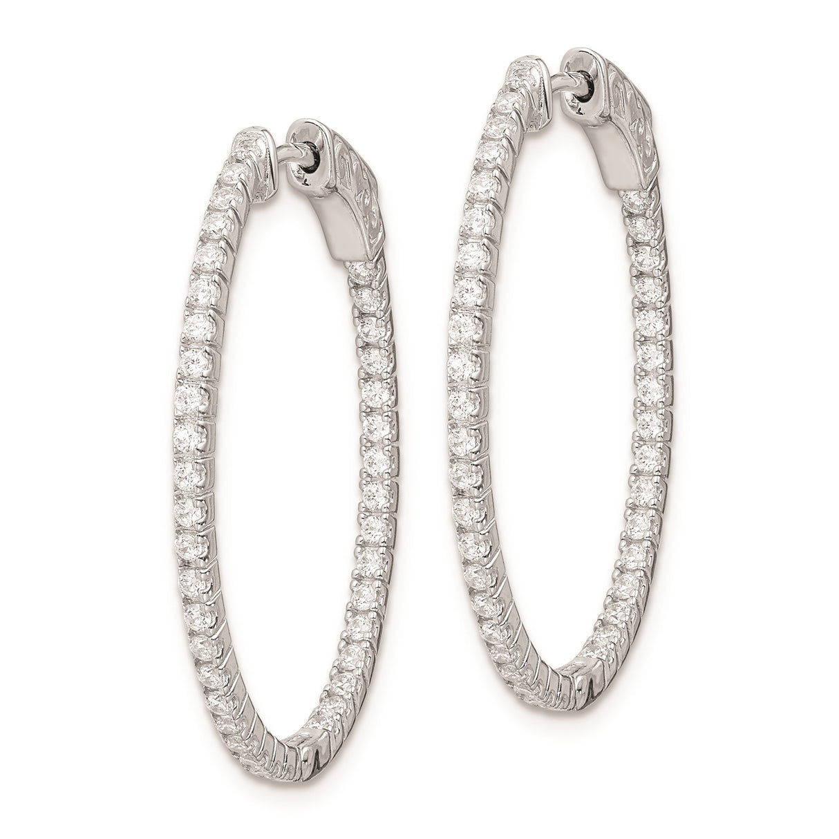 Sterling Silver Hoop Earrings with Double Row Cubic Zirconia, Hinged Oval Design