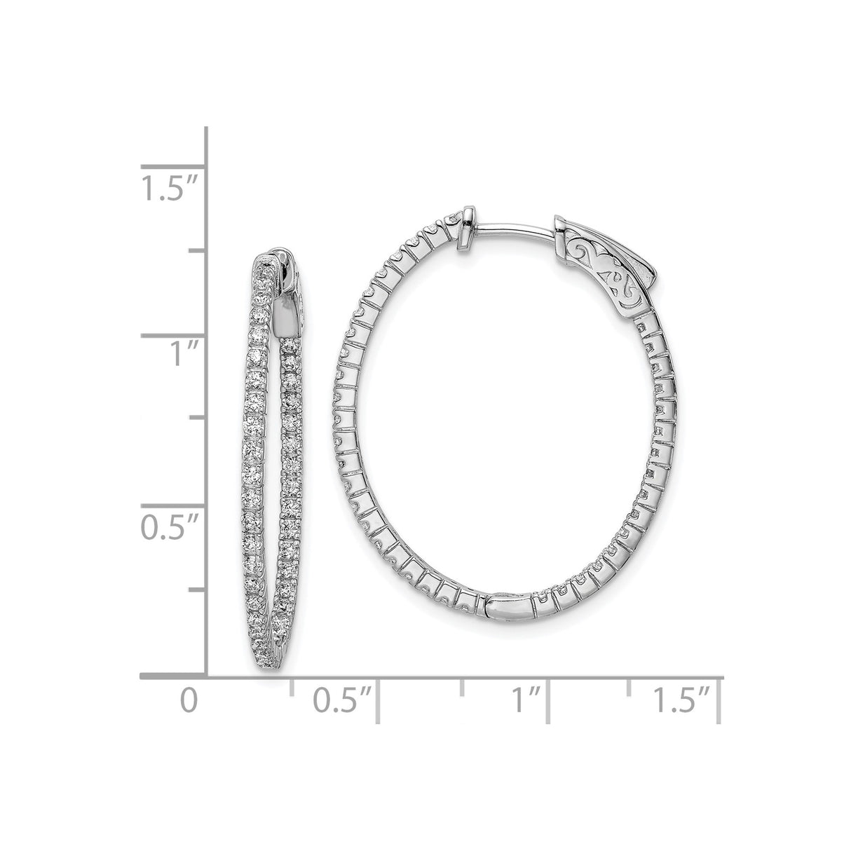 Sterling Silver Hoop Earrings with Double Row Cubic Zirconia, Hinged Oval Design