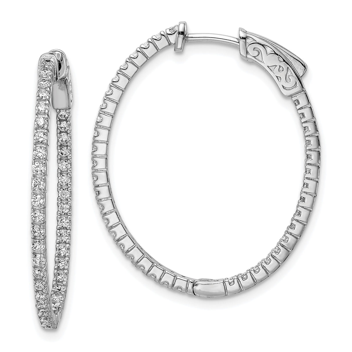 Sterling Silver Hoop Earrings with Double Row Cubic Zirconia, Hinged Oval Design