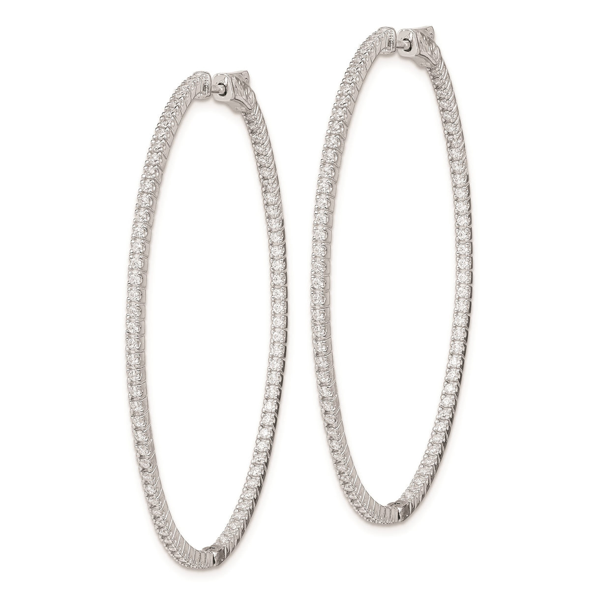 Sterling Silver Oval Hoop Earrings with Double Row Cubic Zirconia, Hinged Sleek Design