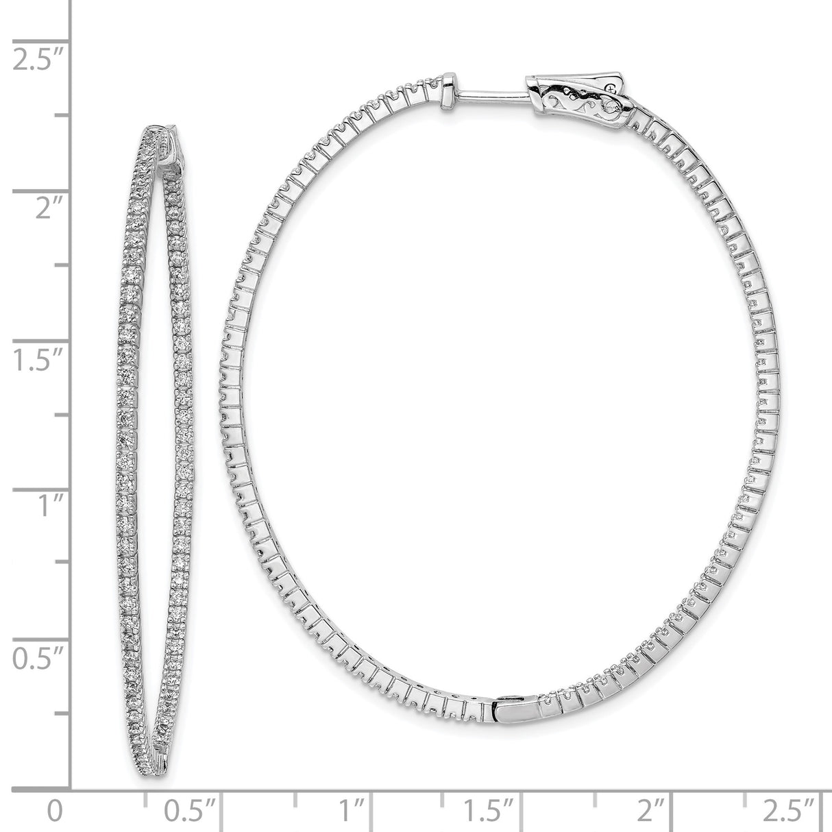 Sterling Silver Oval Hoop Earrings with Double Row Cubic Zirconia, Hinged Sleek Design