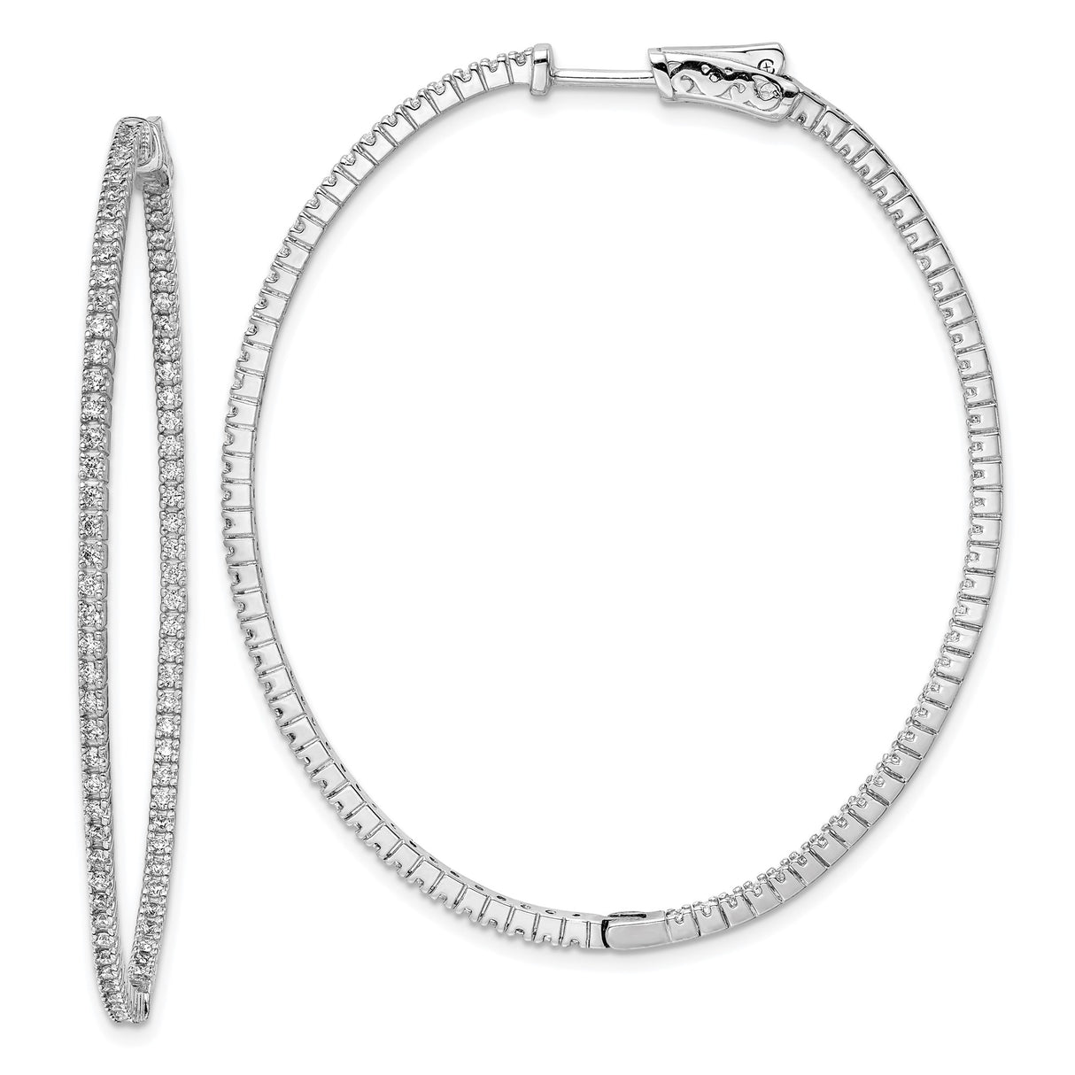 Sterling Silver Oval Hoop Earrings with Double Row Cubic Zirconia, Hinged Sleek Design