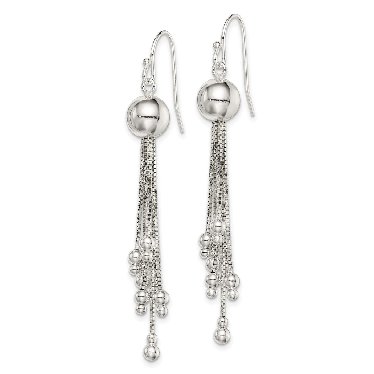 Sterling Silver Dangle Earrings with Polished Round Beads and Cascading Box Chains