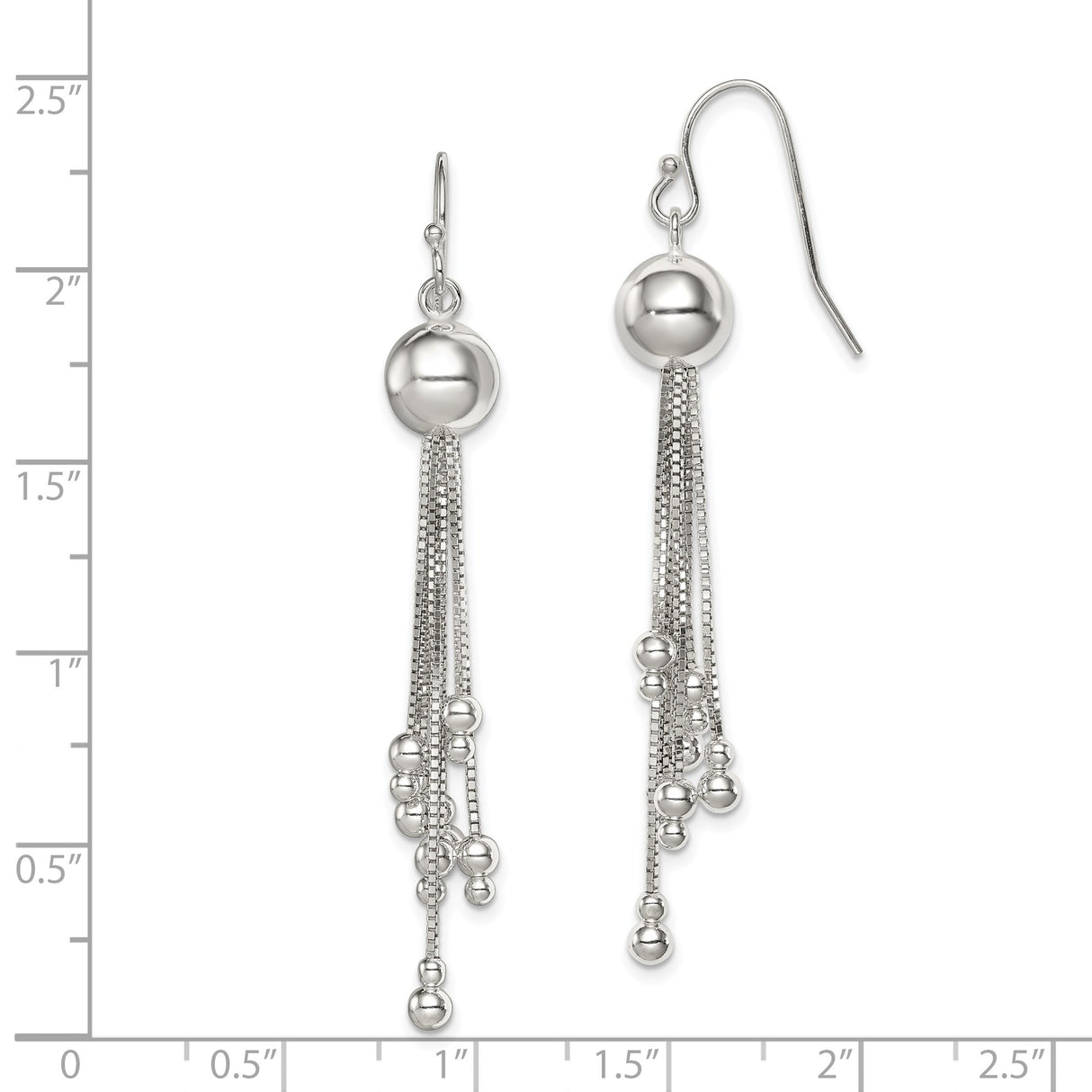 Sterling Silver Dangle Earrings with Polished Round Beads and Cascading Box Chains