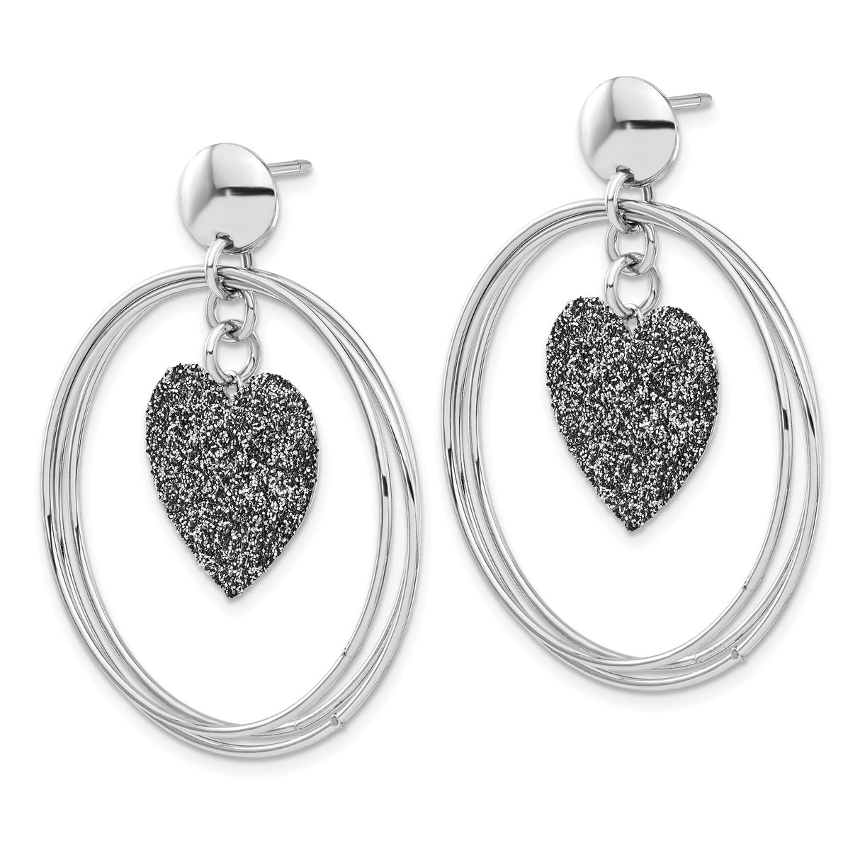 Sterling Silver Dangle Earrings with Glitter Black Heart Charm, Romantic Heart Design