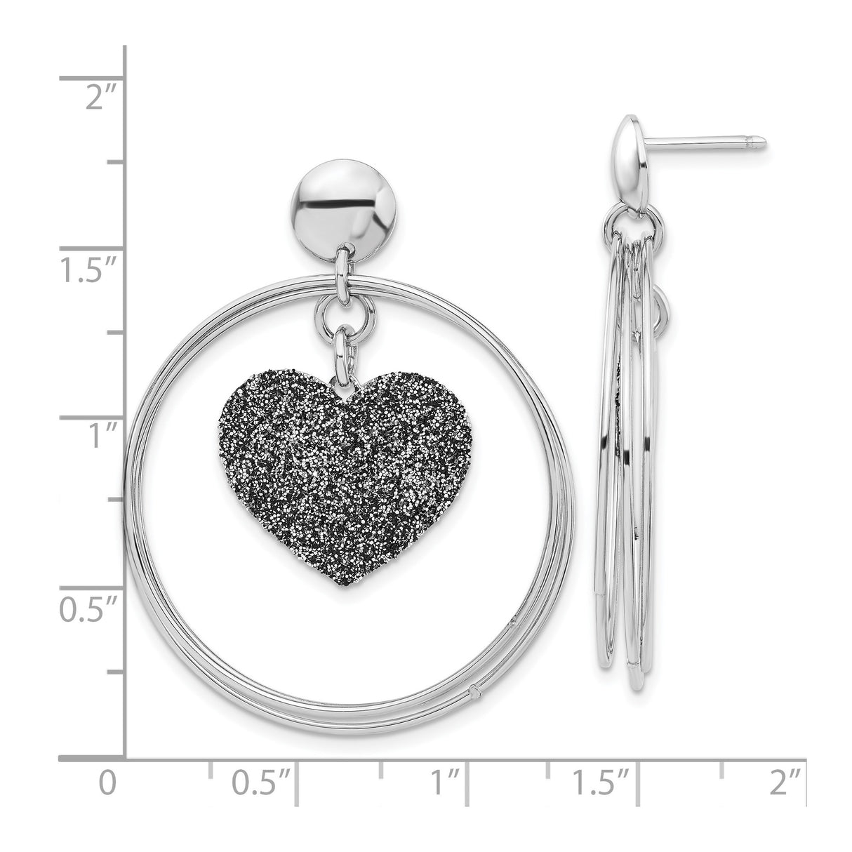 Sterling Silver Dangle Earrings with Glitter Black Heart Charm, Romantic Heart Design