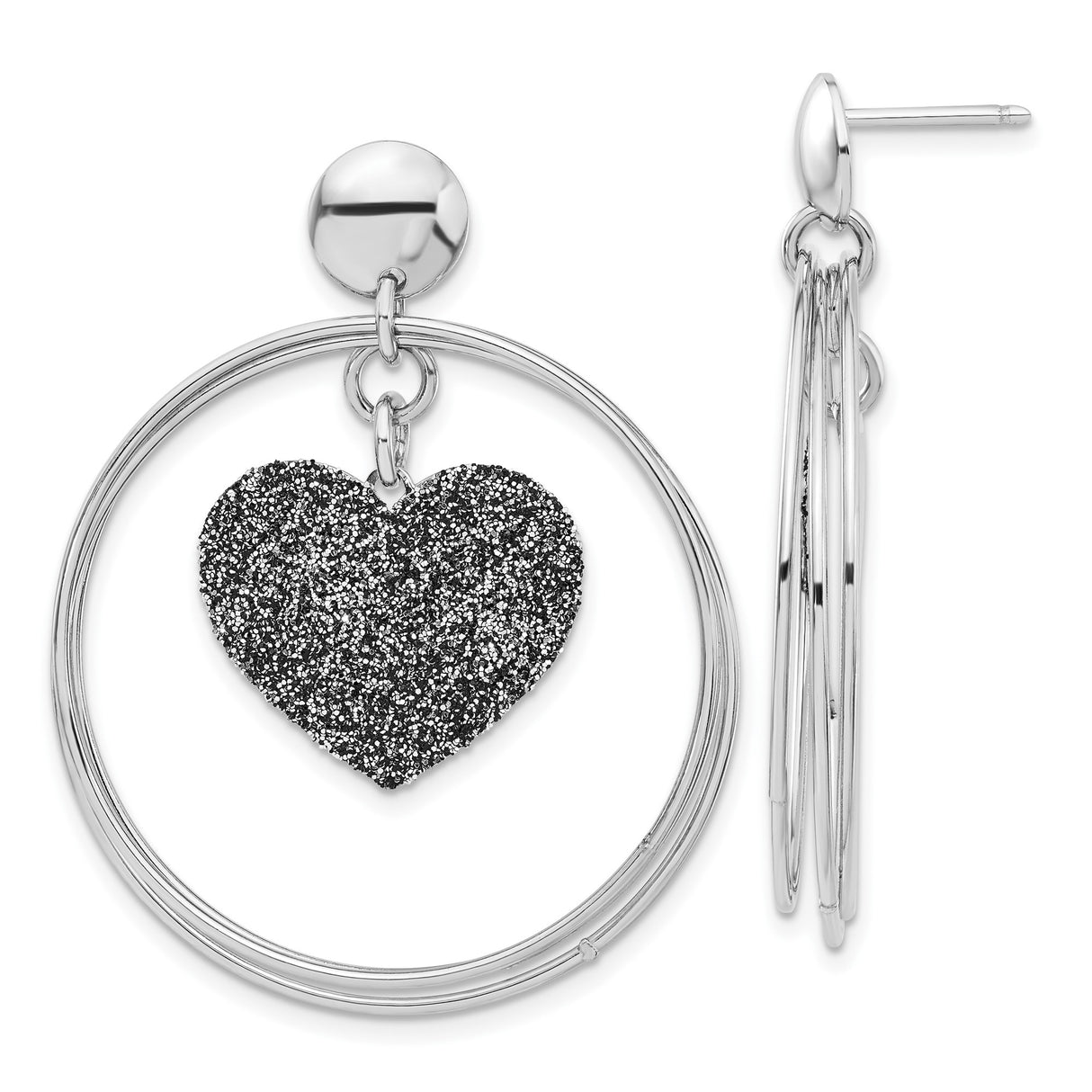 Sterling Silver Dangle Earrings with Glitter Black Heart Charm, Romantic Heart Design