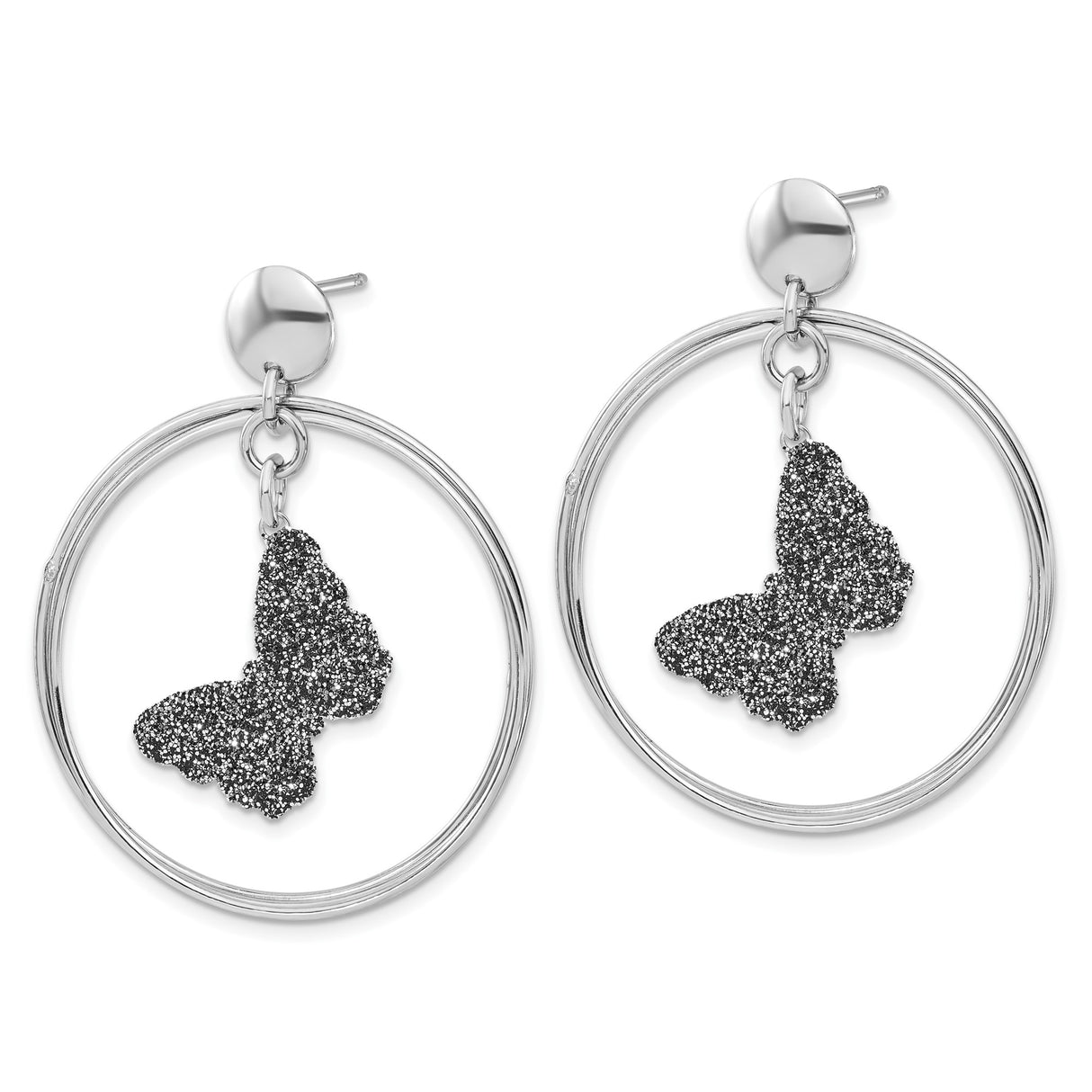 Sterling Silver Hoop Earrings with Textured Black Glitter Butterfly Charm