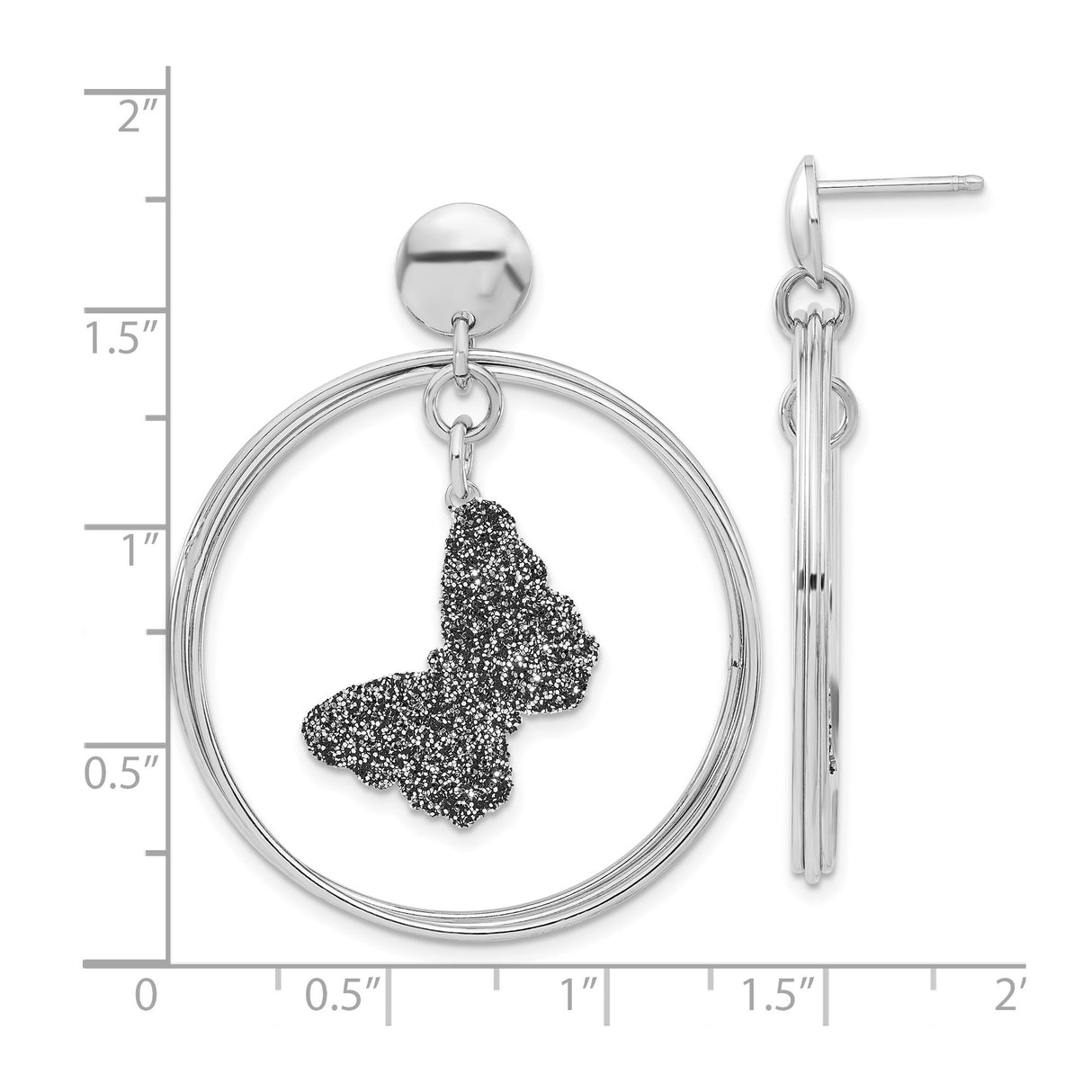 Sterling Silver Hoop Earrings with Textured Black Glitter Butterfly Charm