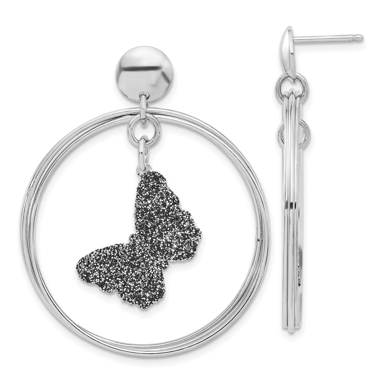 Sterling Silver Hoop Earrings with Textured Black Glitter Butterfly Charm