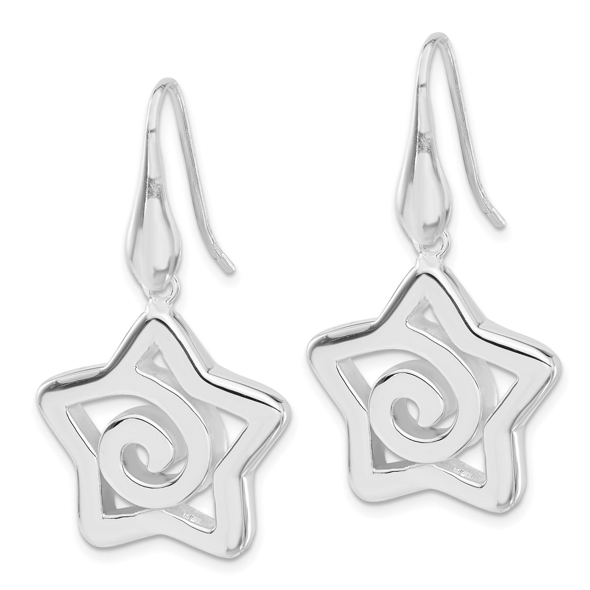 Sterling Silver Star Dangle Earrings with Open Swirl Spiral Design for Women
