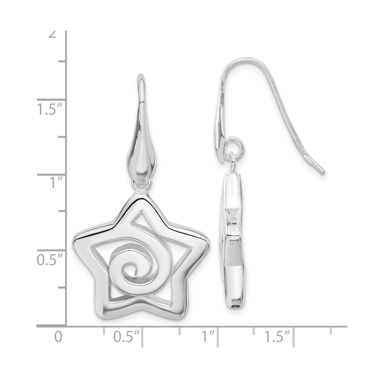 Sterling Silver Star Dangle Earrings with Open Swirl Spiral Design for Women