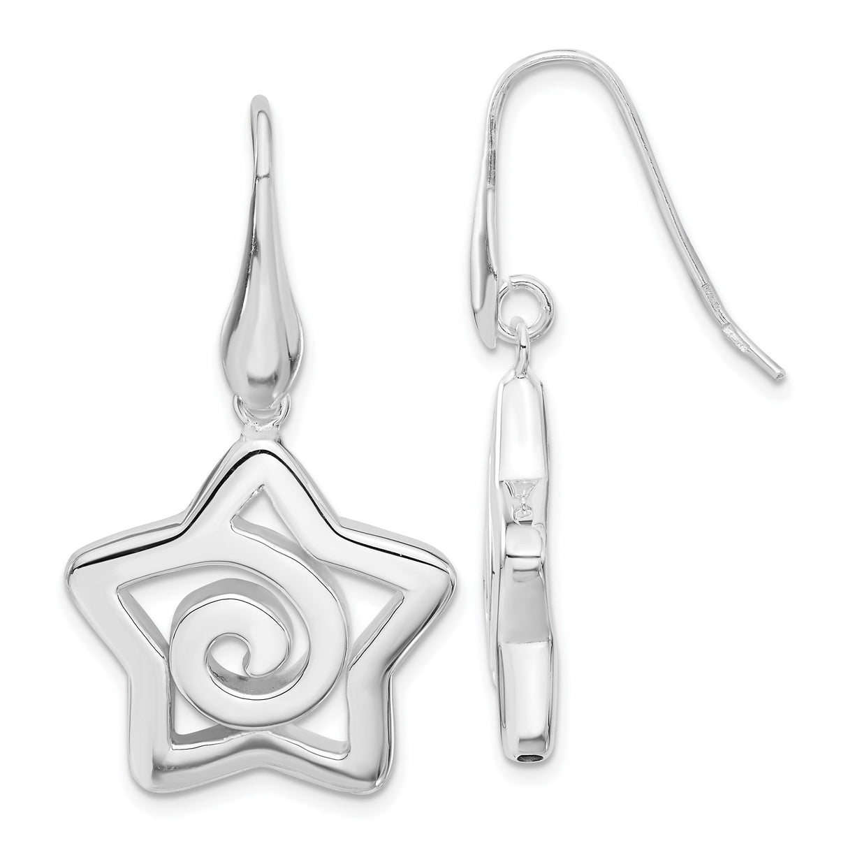 Sterling Silver Star Dangle Earrings with Open Swirl Spiral Design for Women