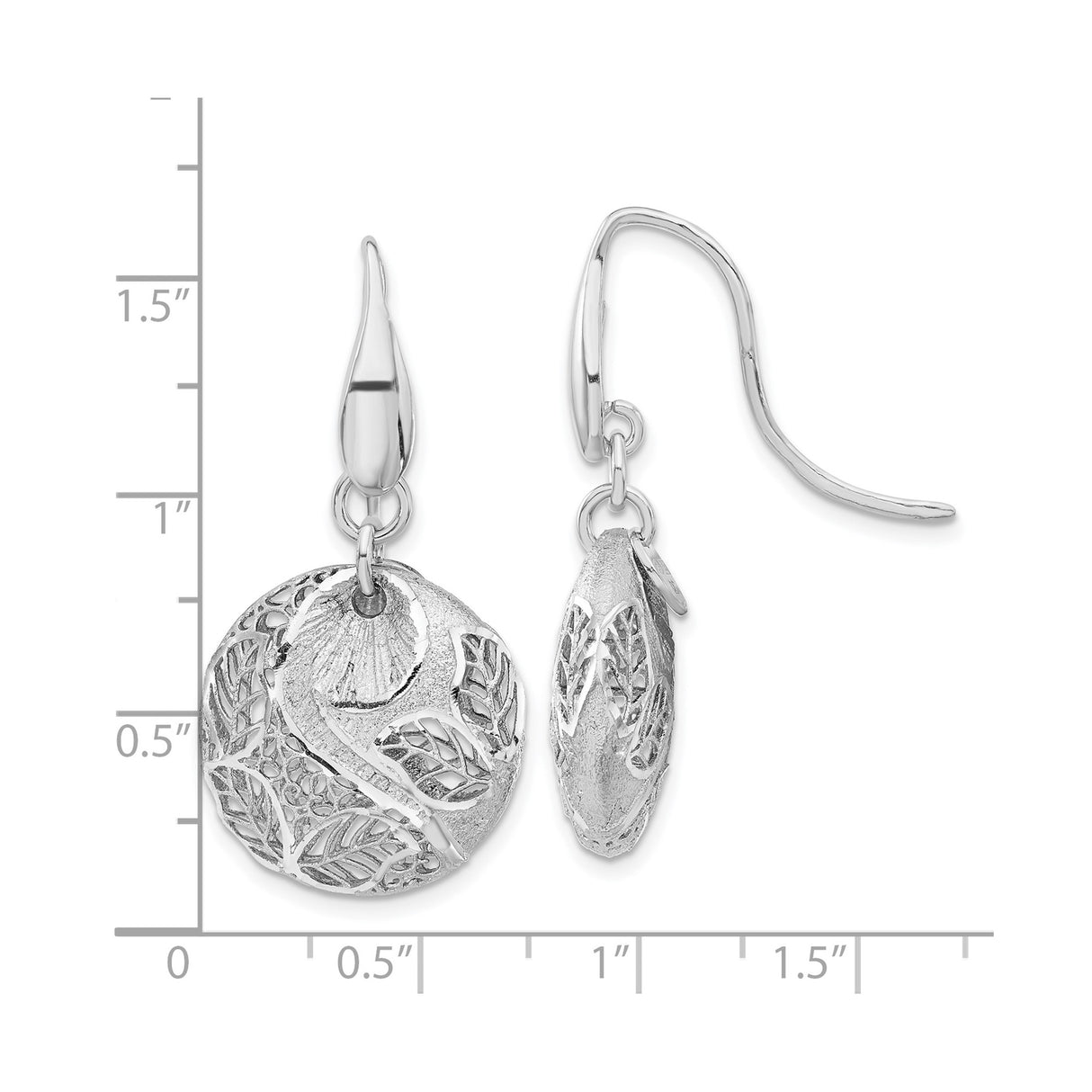 Sterling Silver Dangle Earrings with Textured Disc, Leaf and Branch Design, Botanical Boho Style