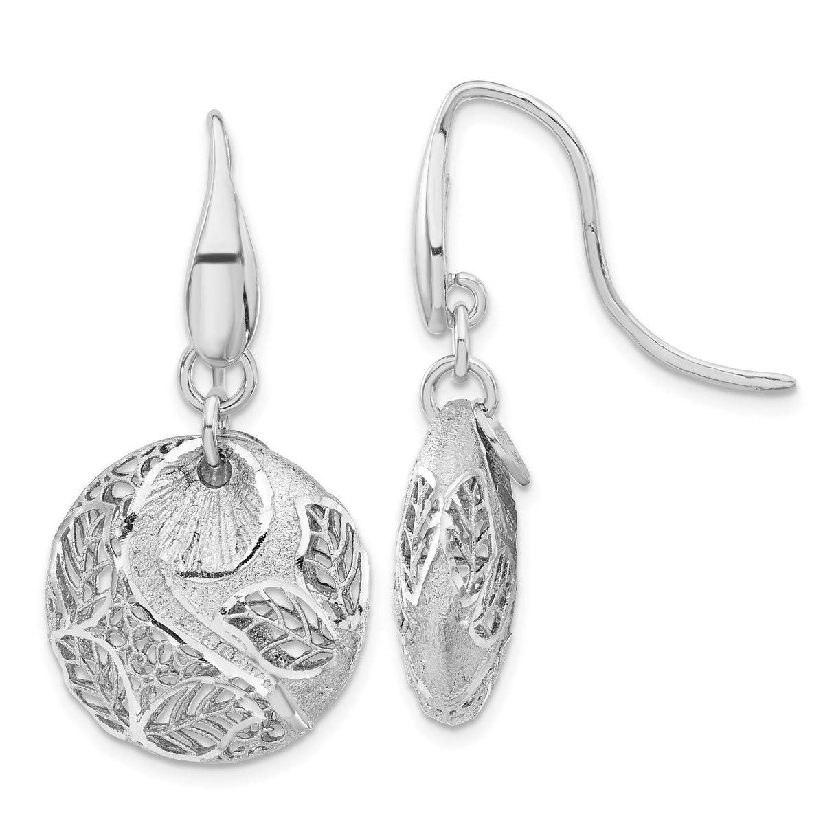 Sterling Silver Dangle Earrings with Textured Disc, Leaf and Branch Design, Botanical Boho Style