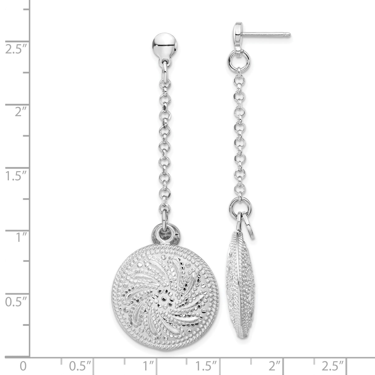 Sterling Silver Dangle Earrings with Textured Swirl Disc and Chain Drop Design