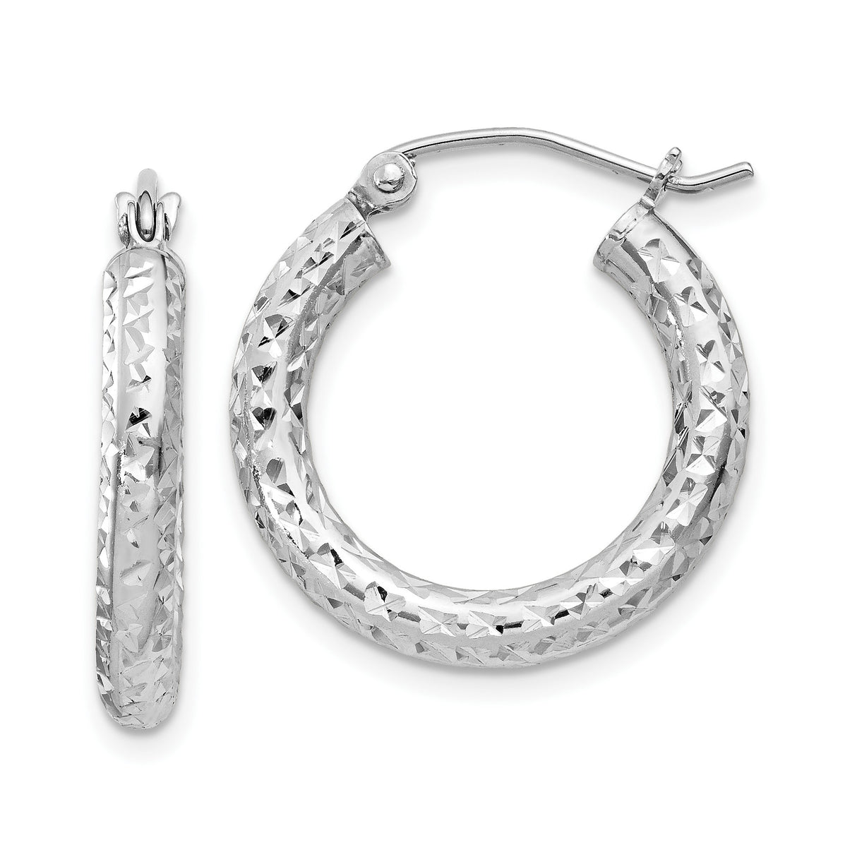 Sterling Silver Hoop Earrings with Textured Diamond Cut Design, Lightweight Hinged Back Hoops