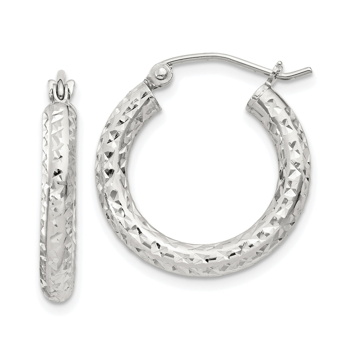 Sterling Silver Hoop Earrings, Diamond-Cut Textured Round Hoops with High-Shine Finish