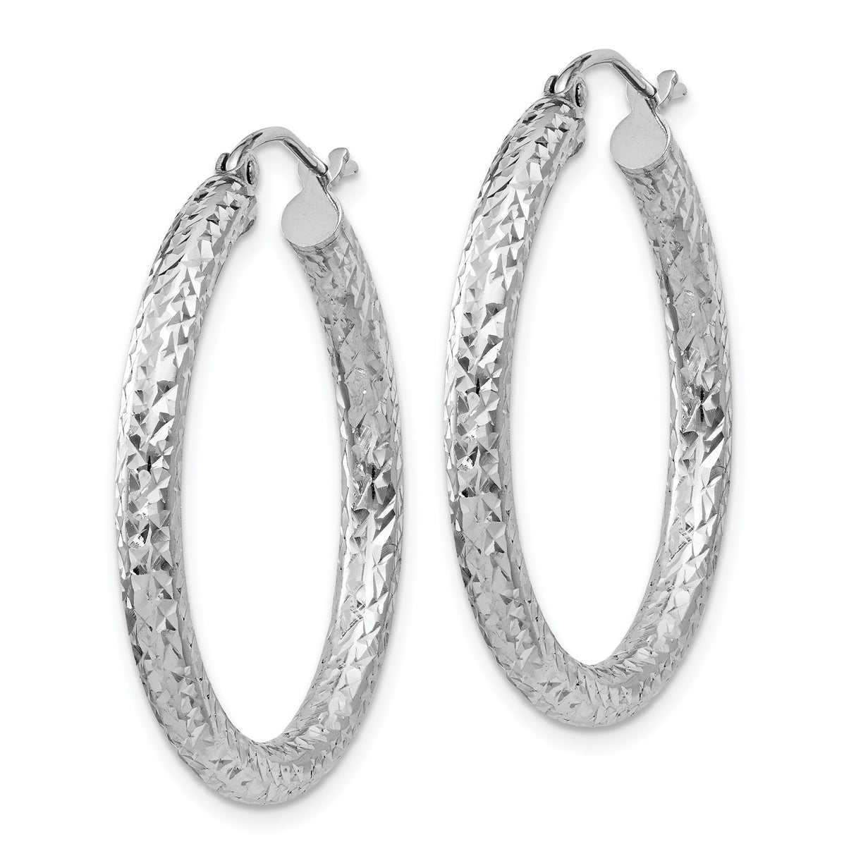 Sterling Silver Hoop Earrings, Textured Diamond Cut Round Design with Hinged Closure
