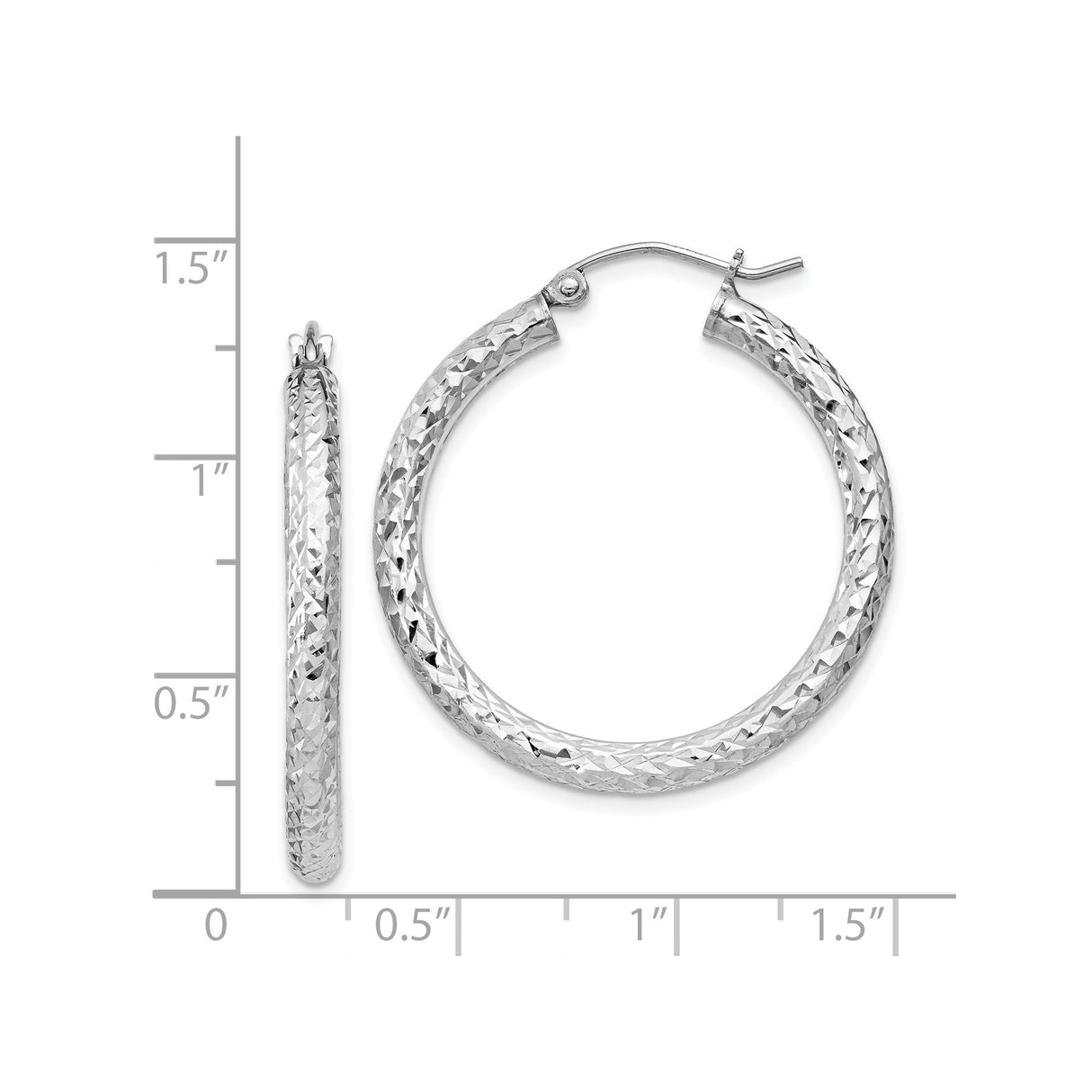 Sterling Silver Hoop Earrings, Textured Diamond Cut Round Design with Hinged Closure