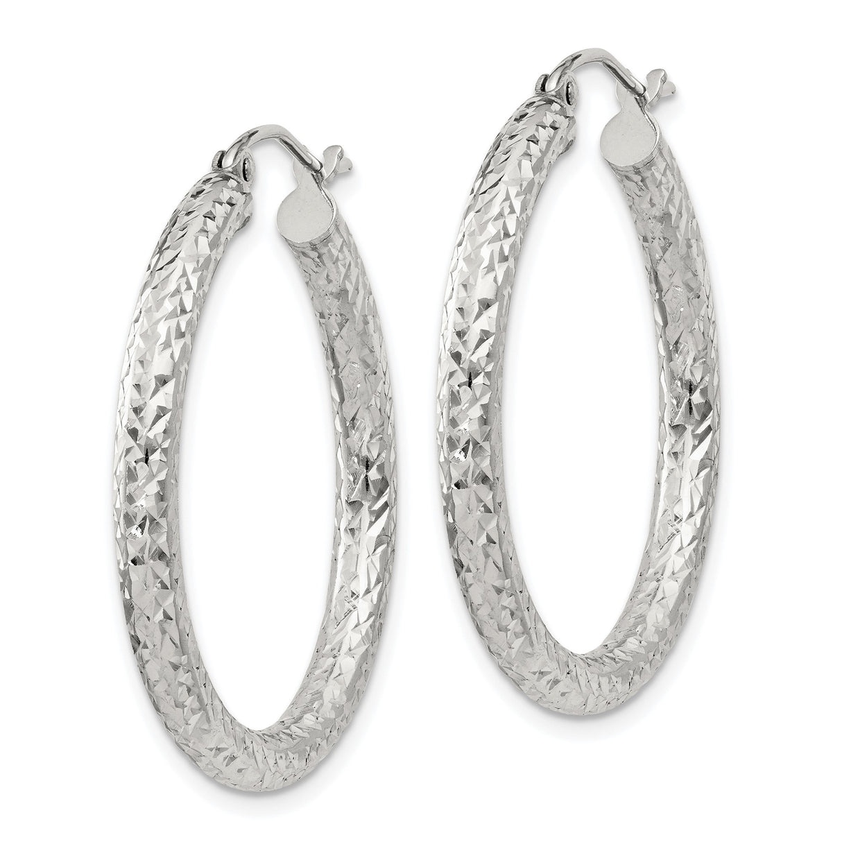 Sterling Silver Hoop Earrings, Diamond Cut Textured Round Hoops with High Polish Finish